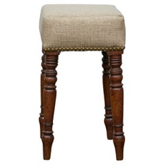 Antique 19th Century English Petite Oak Stool with Unique Top and Linen Upholstery