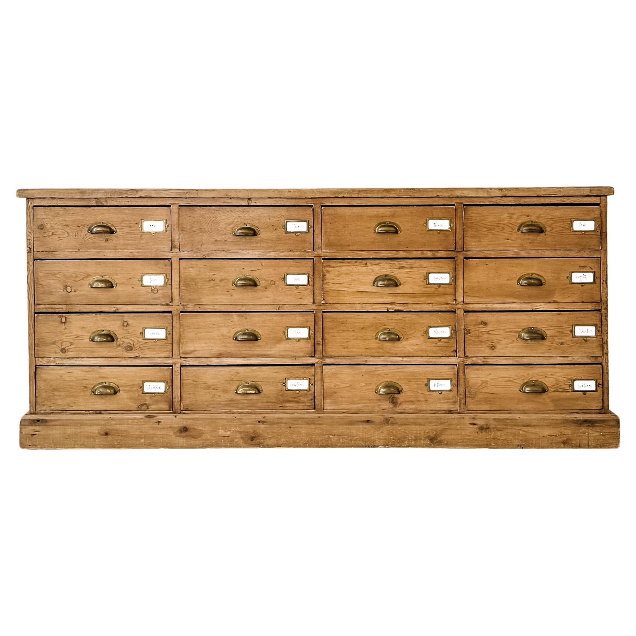 19th Century English Pine 16-Drawer Sorting Cabinet