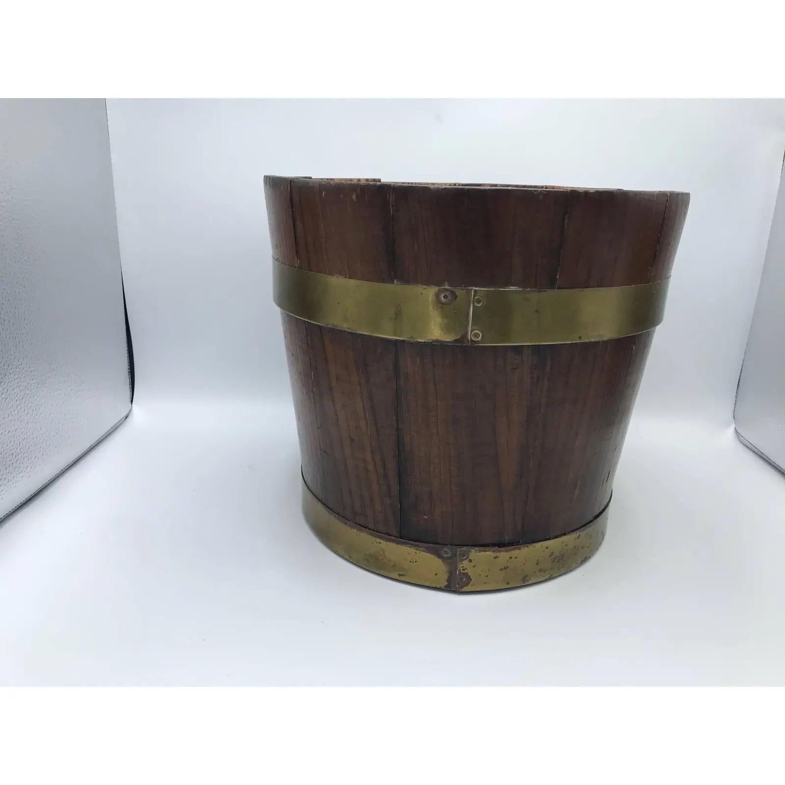 French Provincial 19th Century English Pine and Brass Banded Collar Bucket Cachepot For Sale