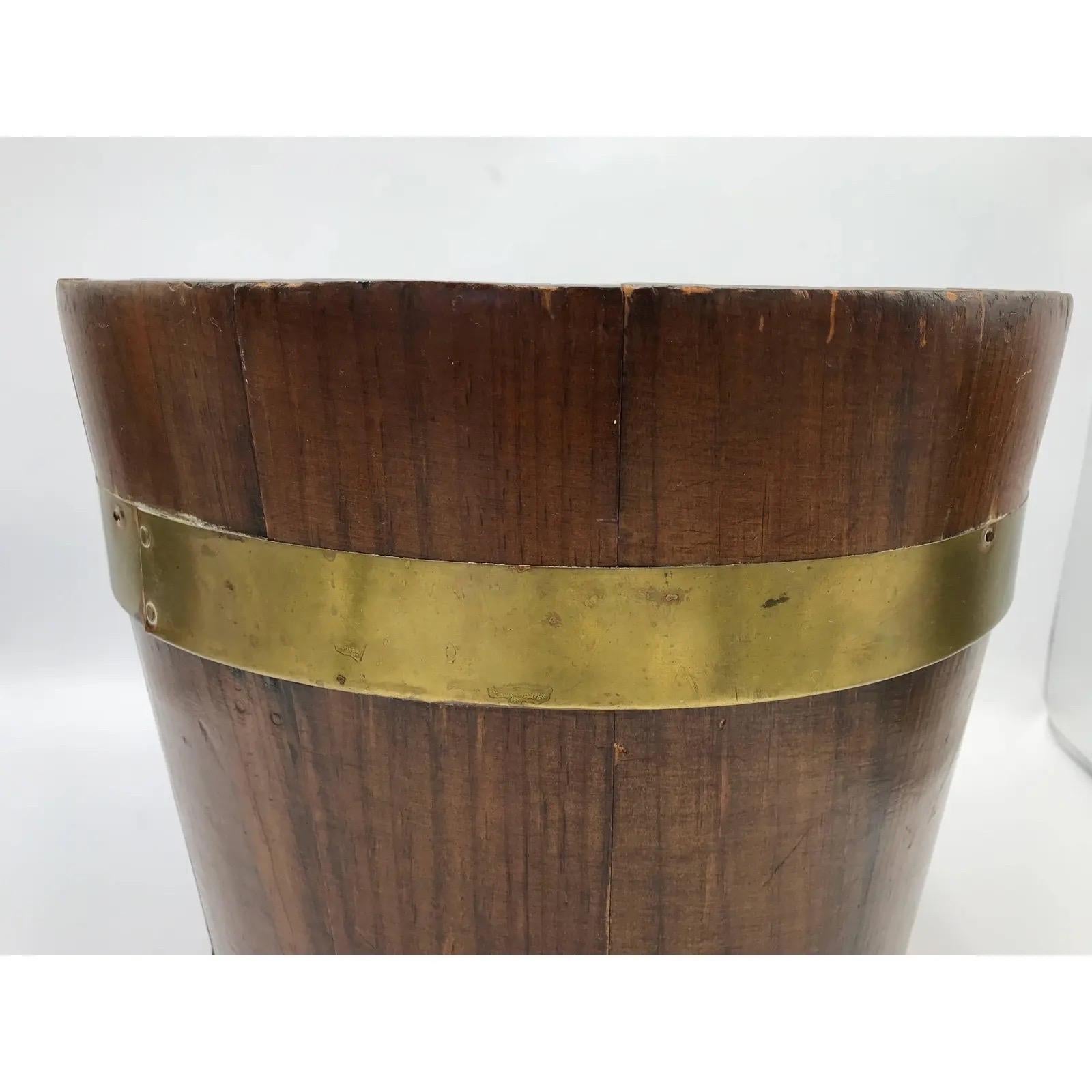 European 19th Century English Pine and Brass Banded Collar Bucket Cachepot For Sale