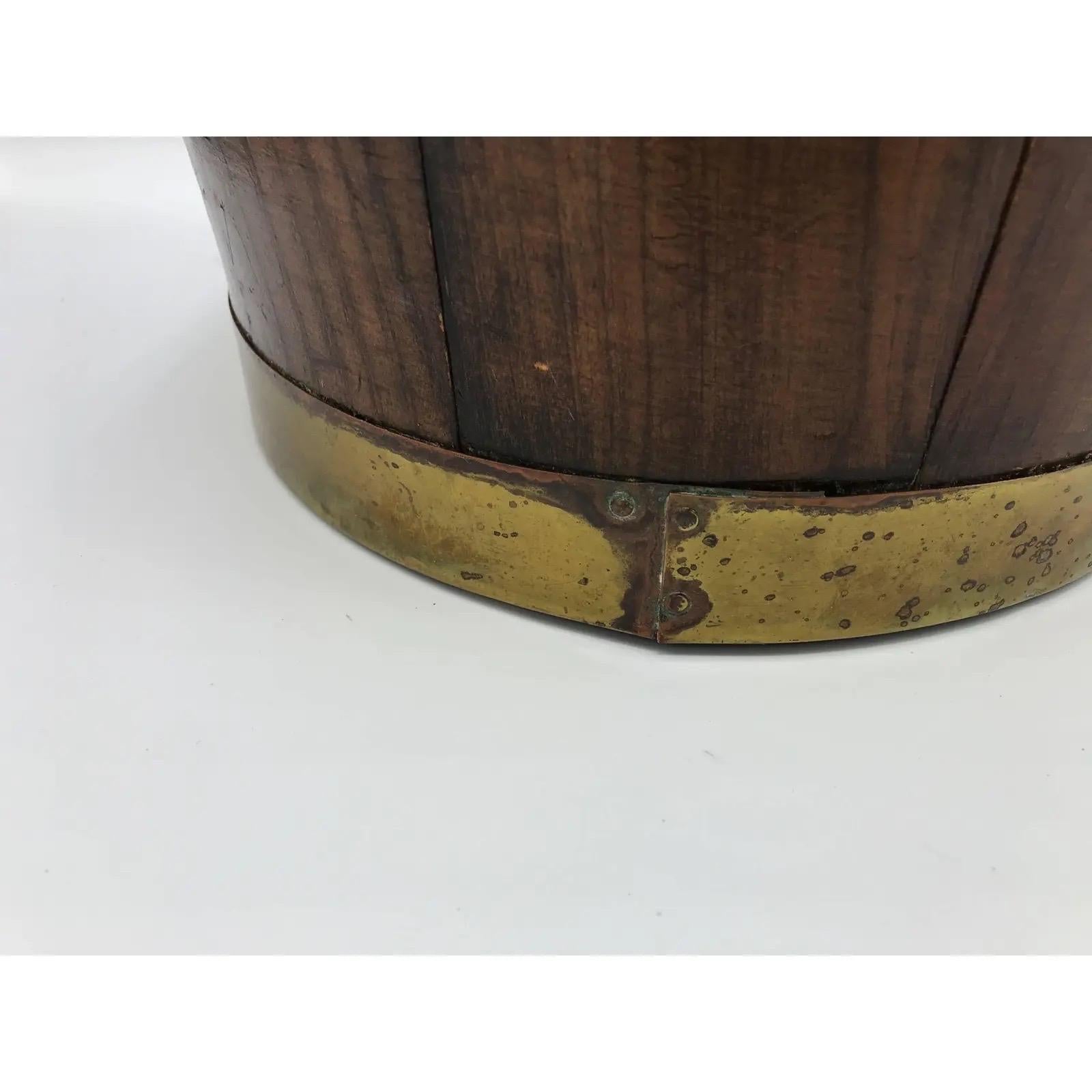 Hand-Crafted 19th Century English Pine and Brass Banded Collar Bucket Cachepot For Sale