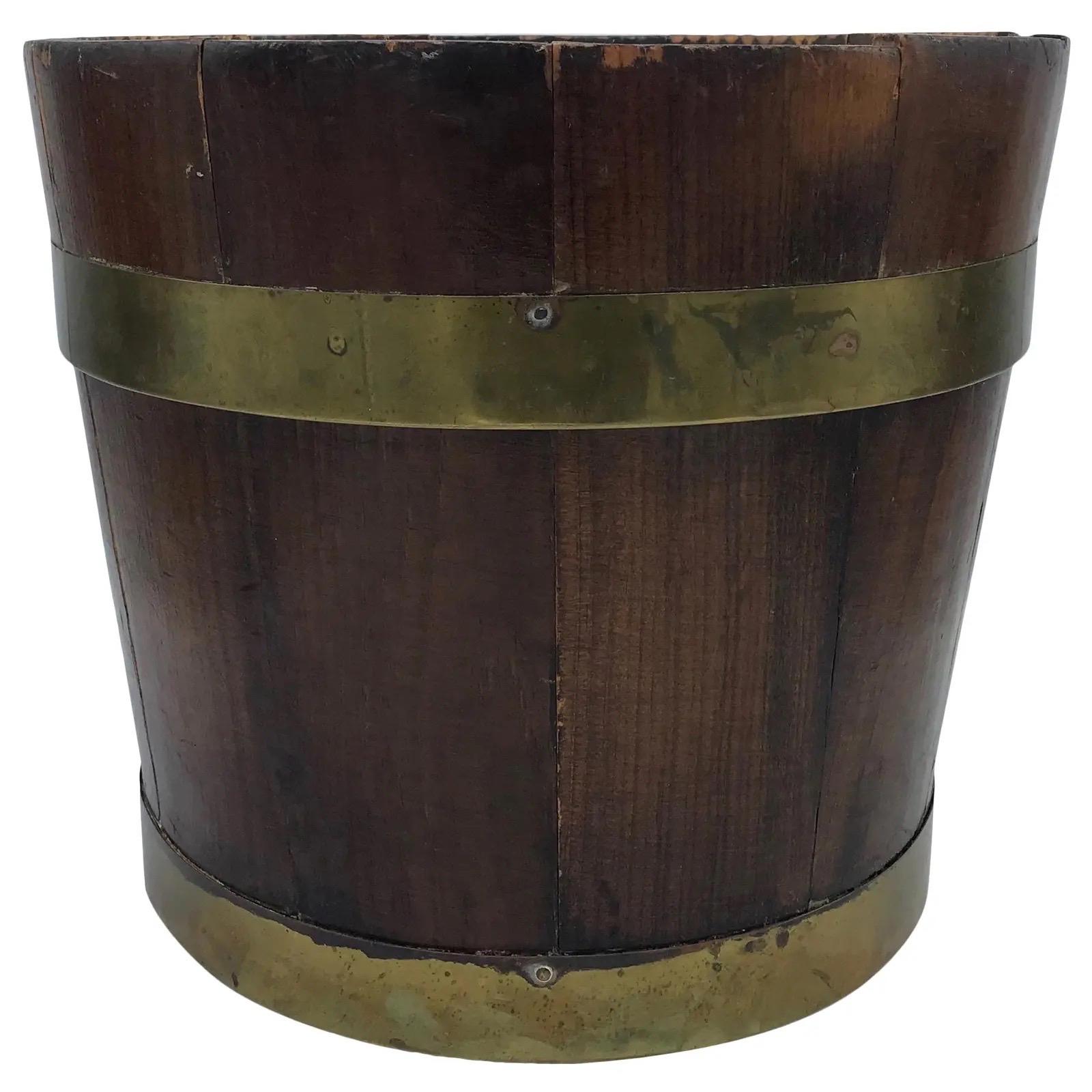 19th Century English Pine and Brass Banded Collar Bucket Cachepot For Sale