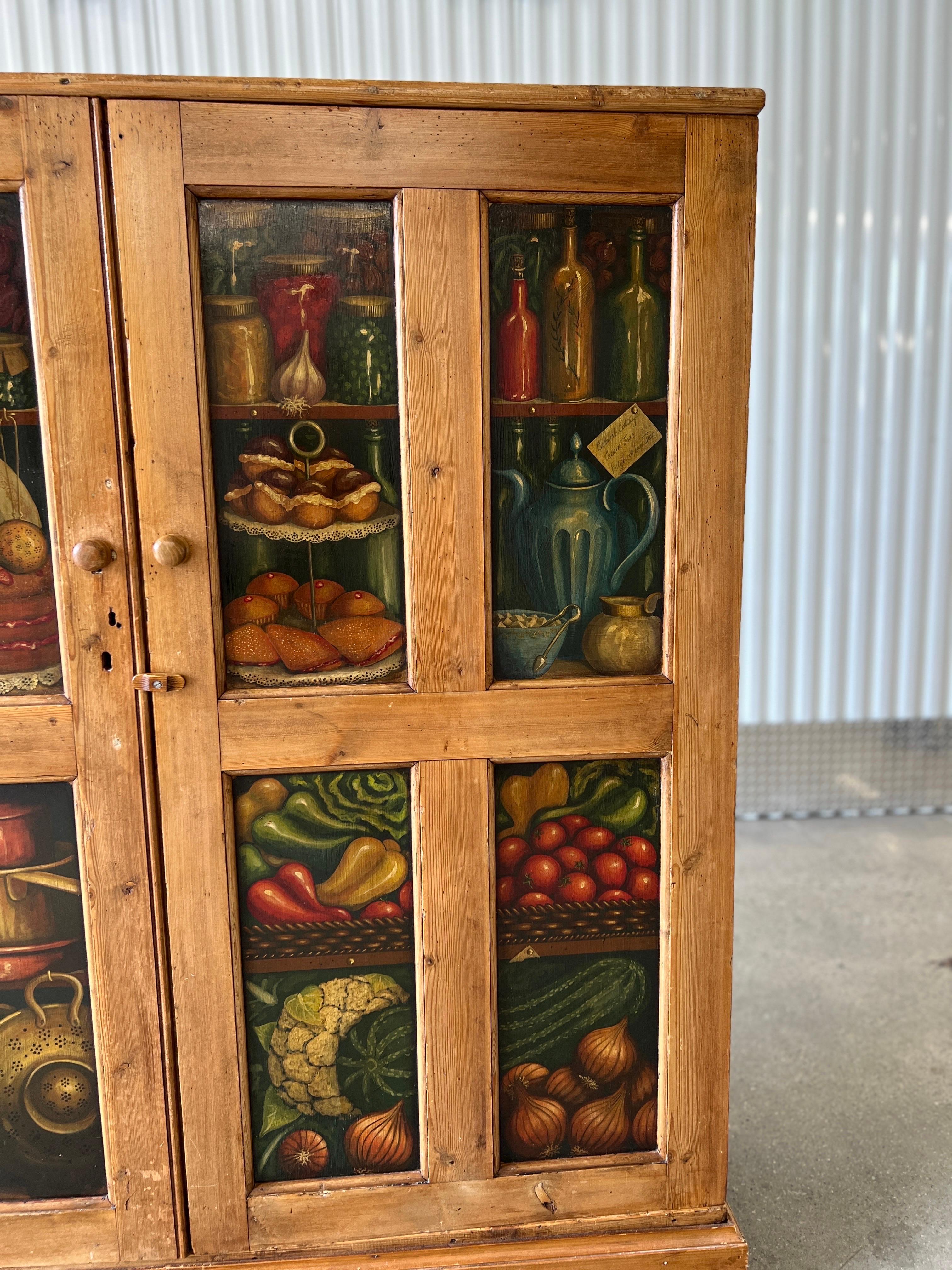 Country 19th Century, English Pine Cabinet Hand Painted Trompe l'Oeil Paneling For Sale