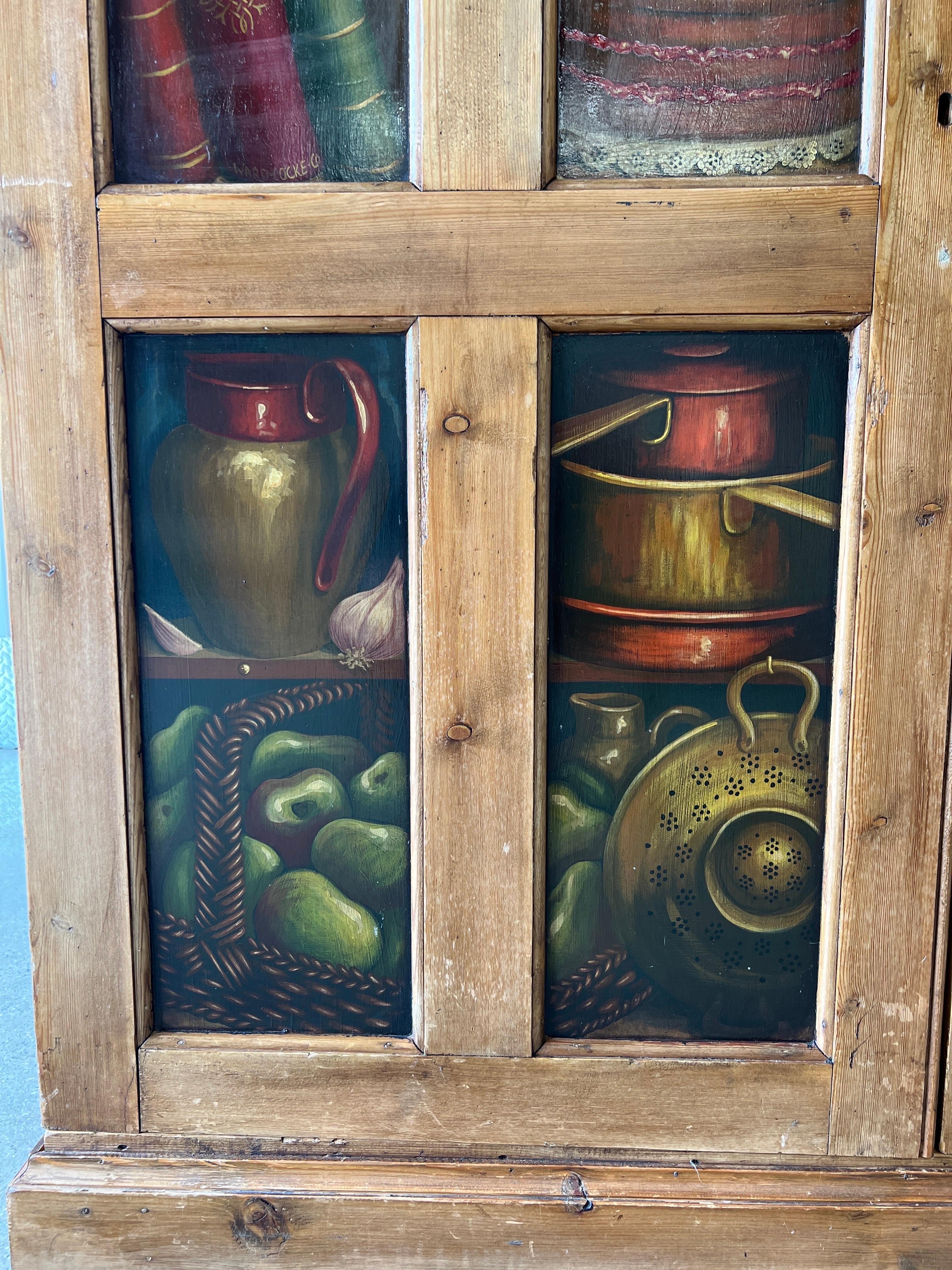 19th Century, English Pine Cabinet Hand Painted Trompe l'Oeil Paneling For Sale 1