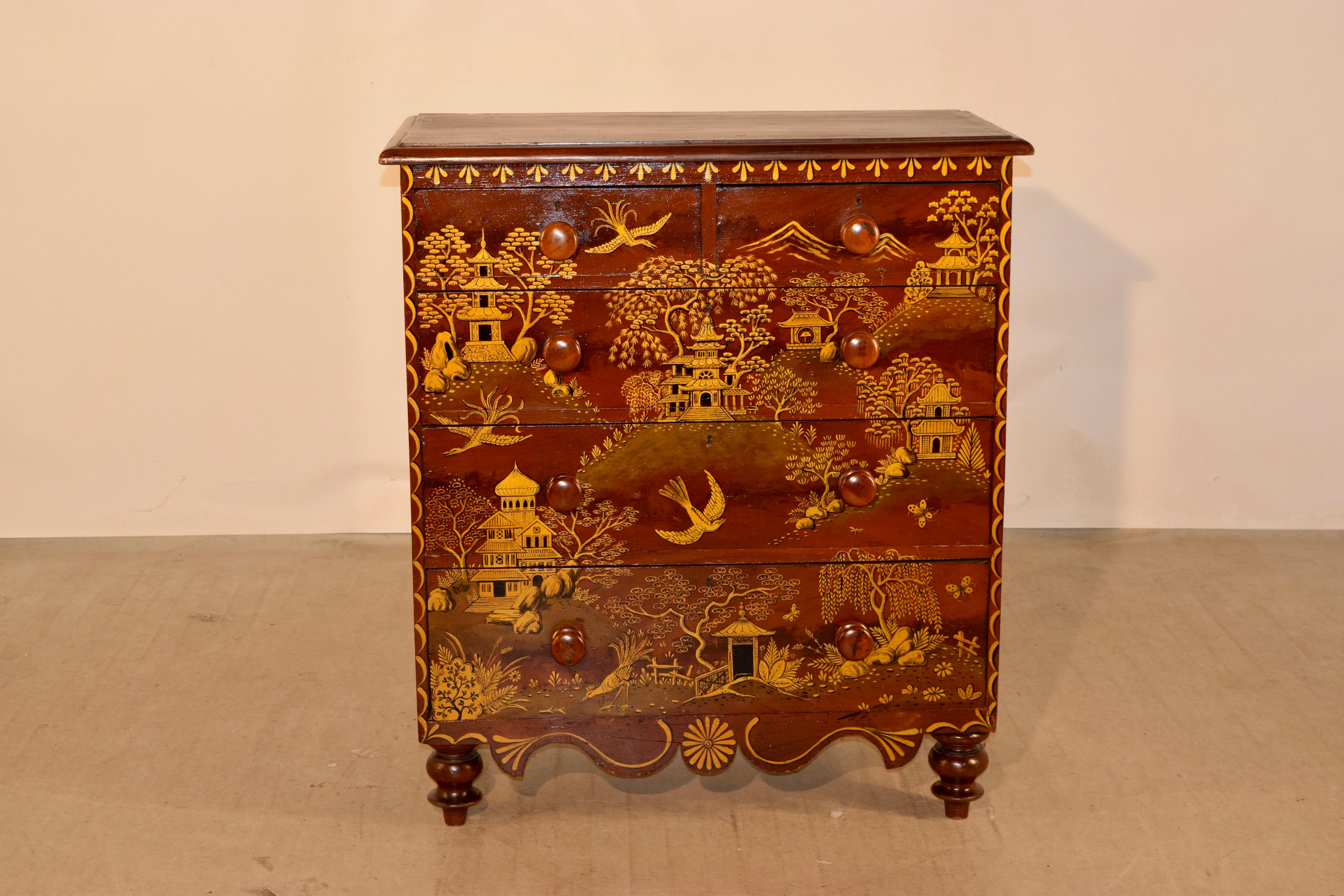 Victorian 19th Century English Pine Chest with Chinoiserie Decoration For Sale