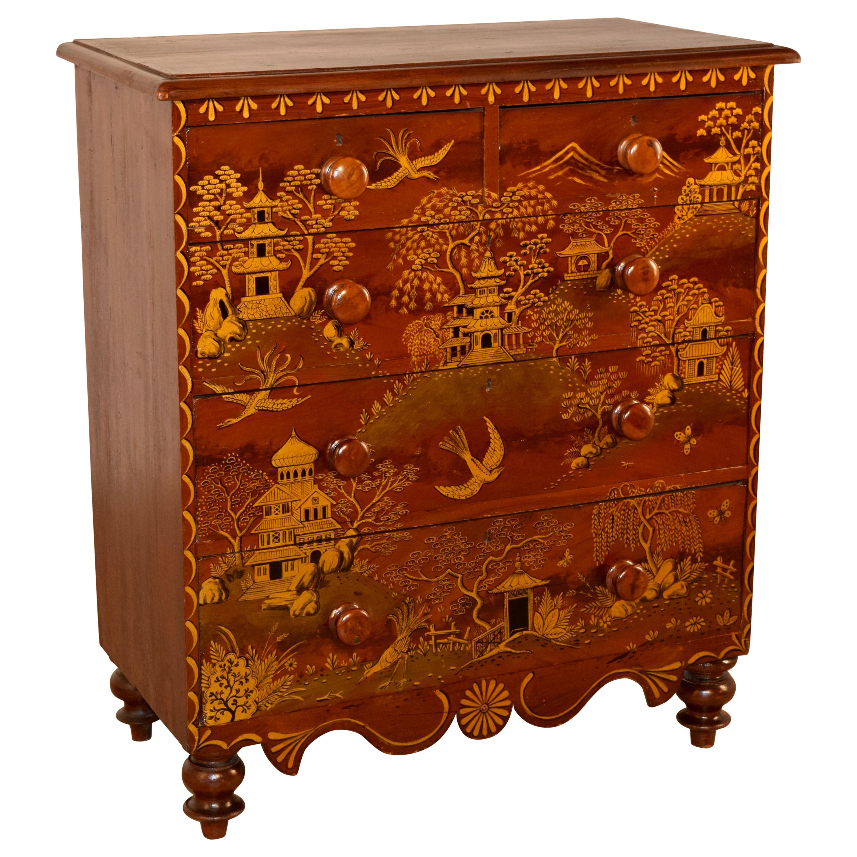 19th Century English Pine Chest with Chinoiserie Decoration For Sale