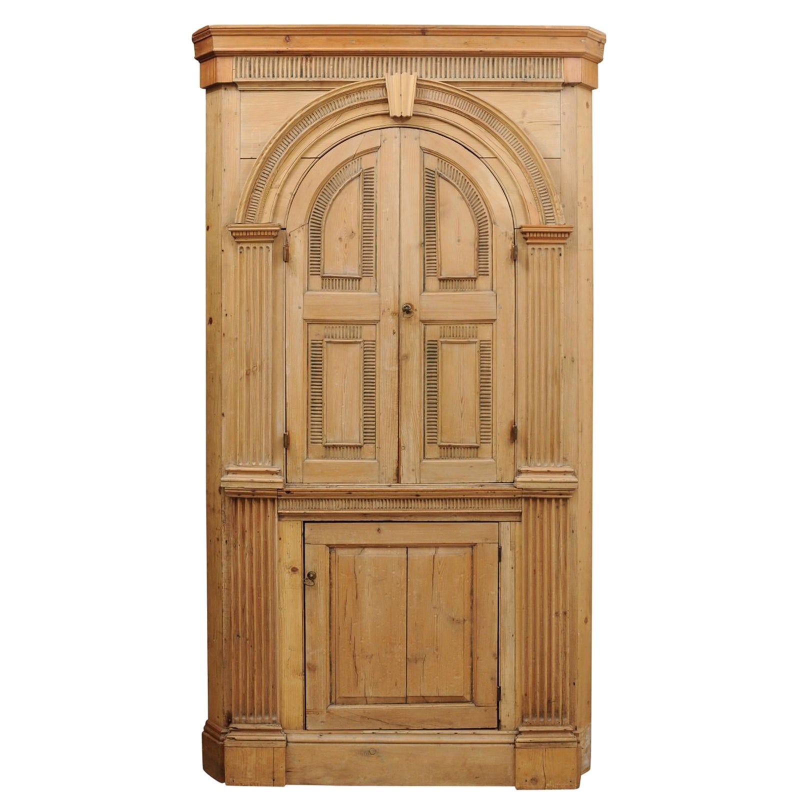 19th Century English Pine Corner Cupboard with Arched Upper Cabinet