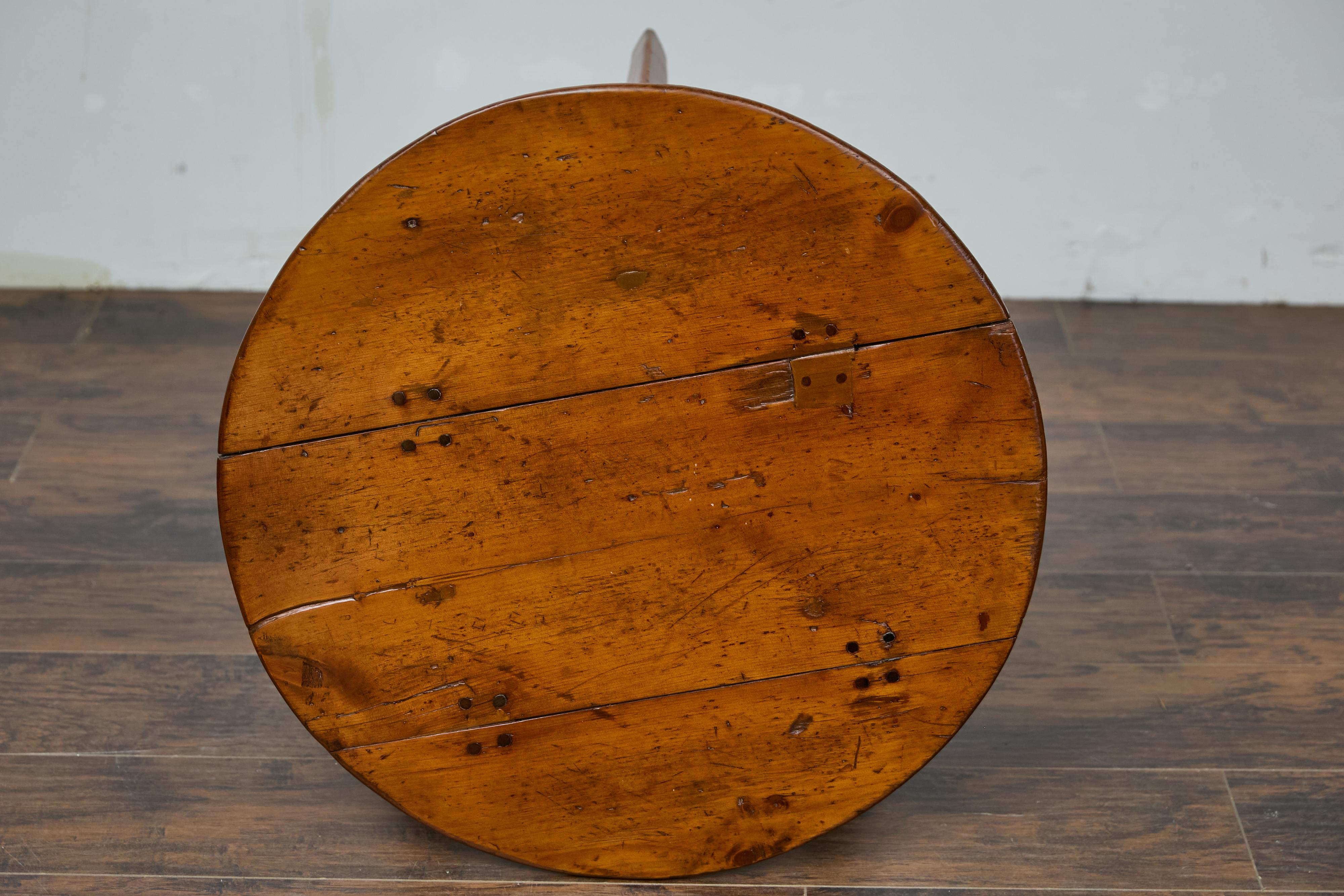 19th Century English Pine Cricket Table with Tripod Base, Round Top, and Shelf 13