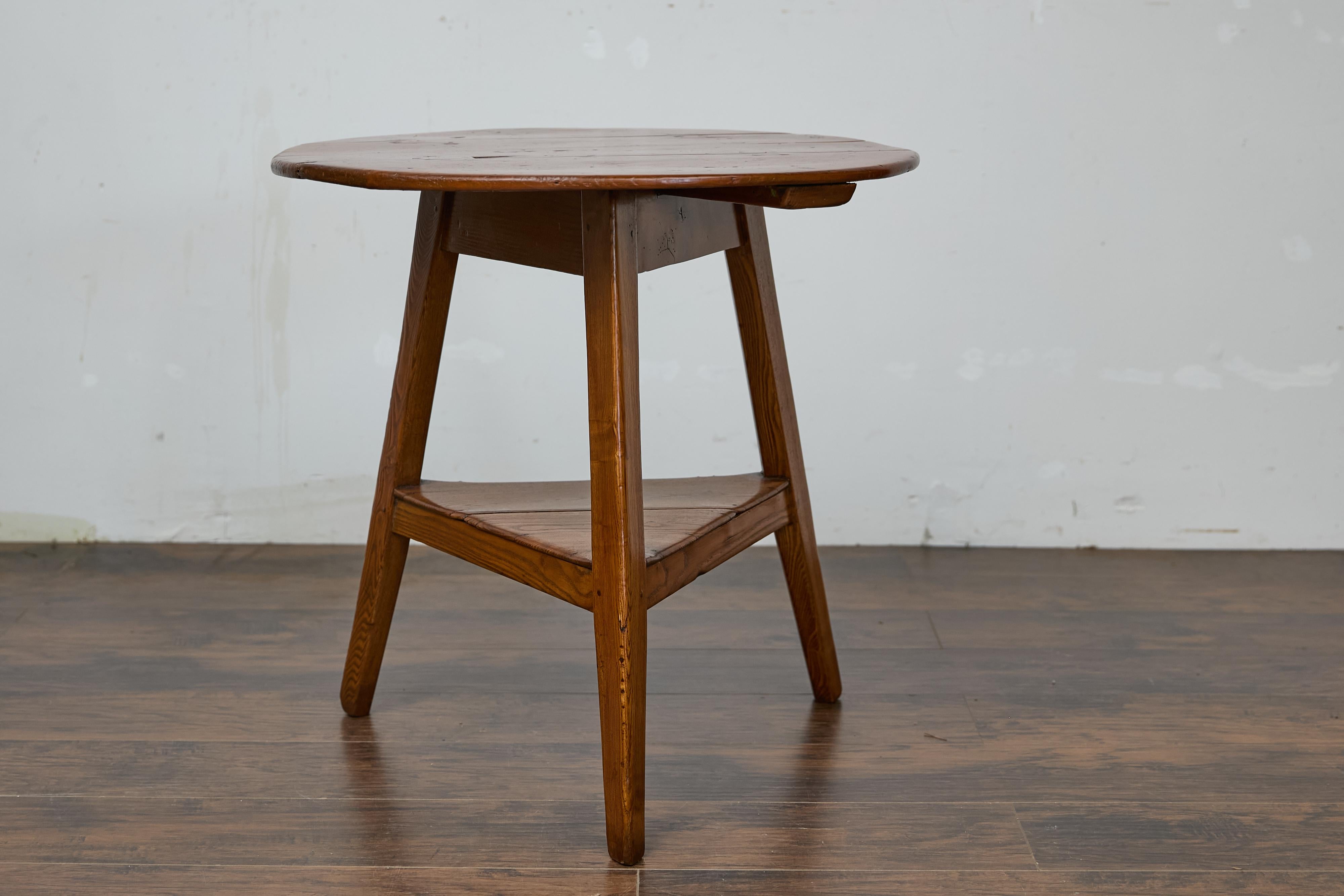 19th Century English Pine Cricket Table with Tripod Base, Round Top, and Shelf 2