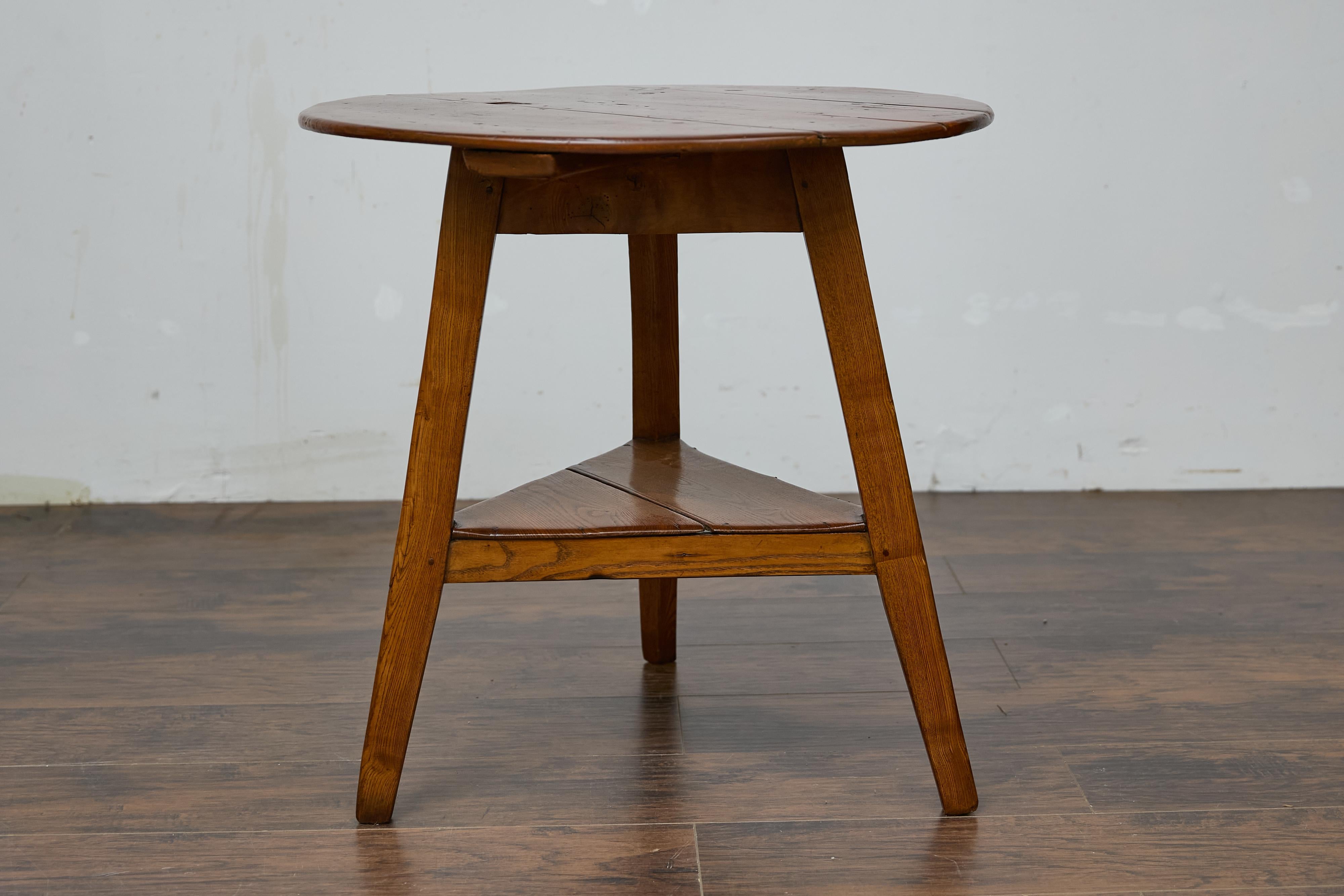 19th Century English Pine Cricket Table with Tripod Base, Round Top, and Shelf 4