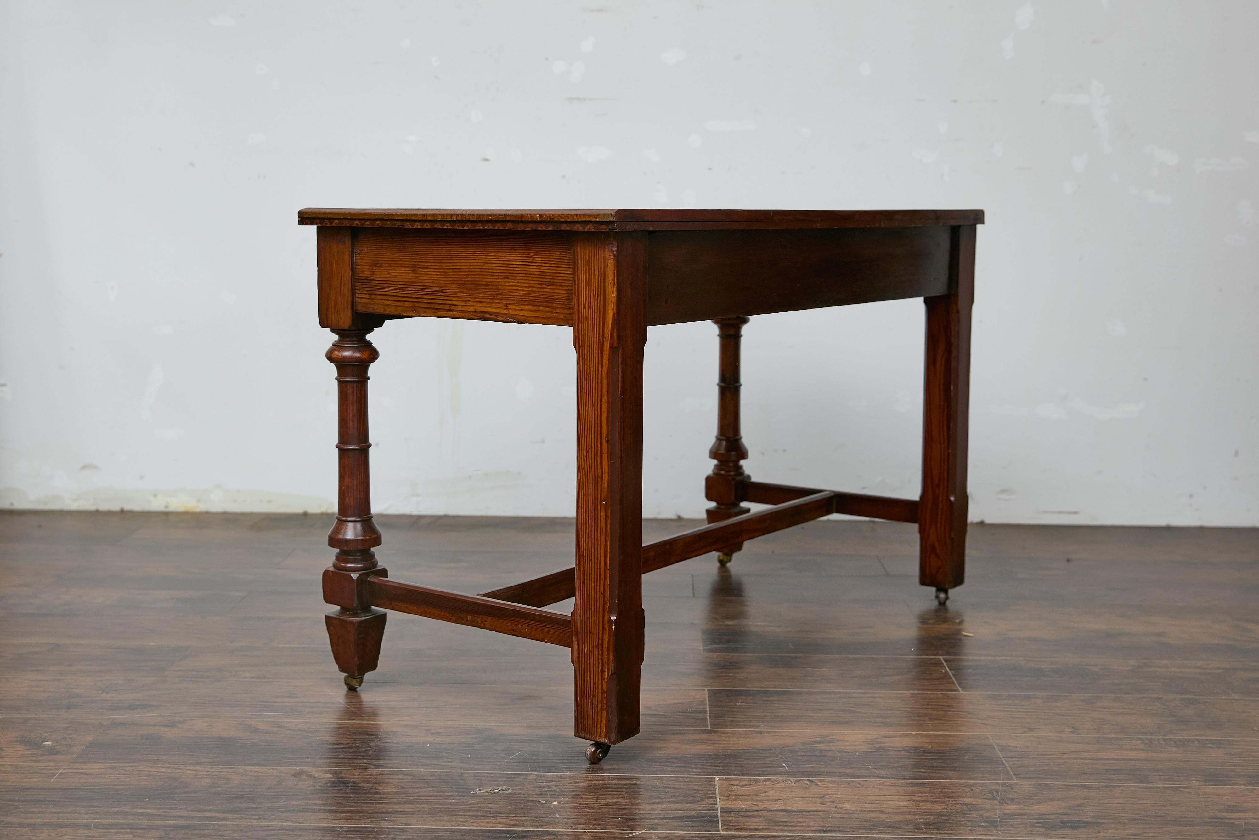 19th Century English Pine Desk with Tooled Leather Top and Brass Pulls 6