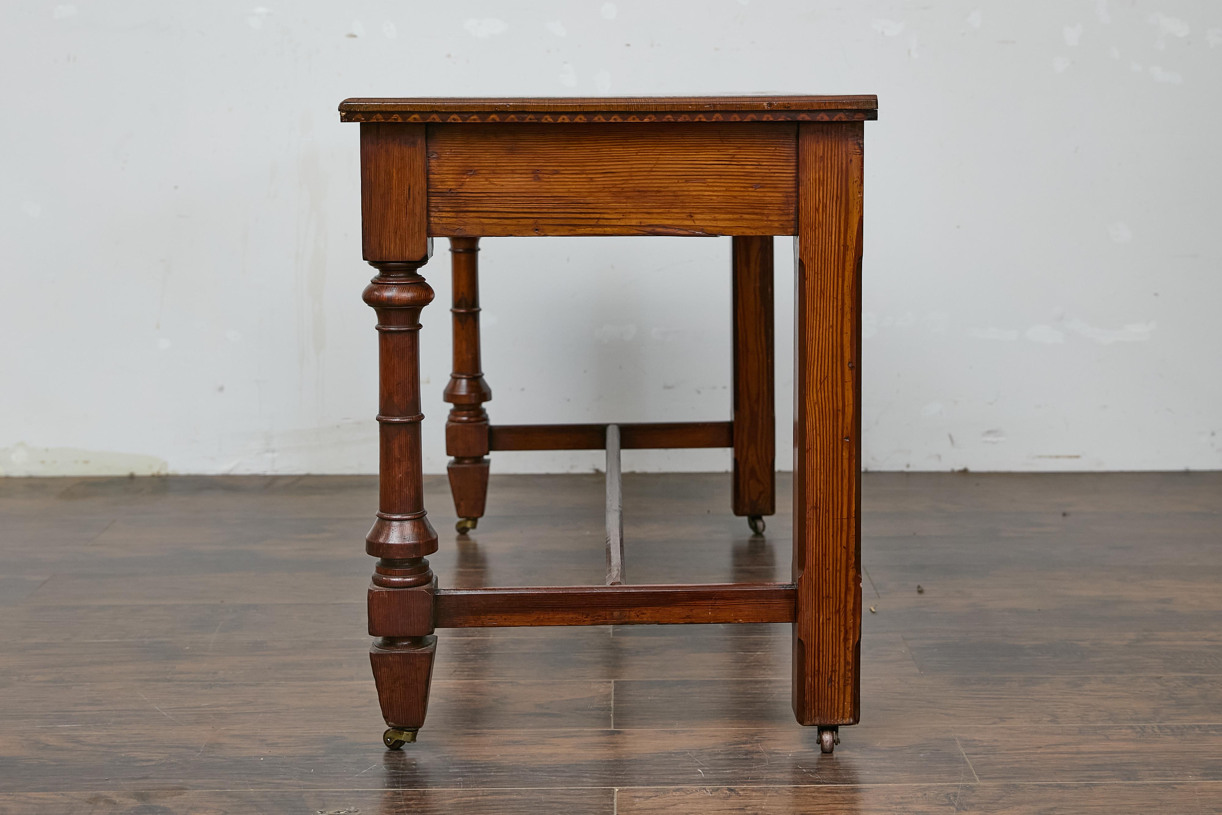 19th Century English Pine Desk with Tooled Leather Top and Brass Pulls 7