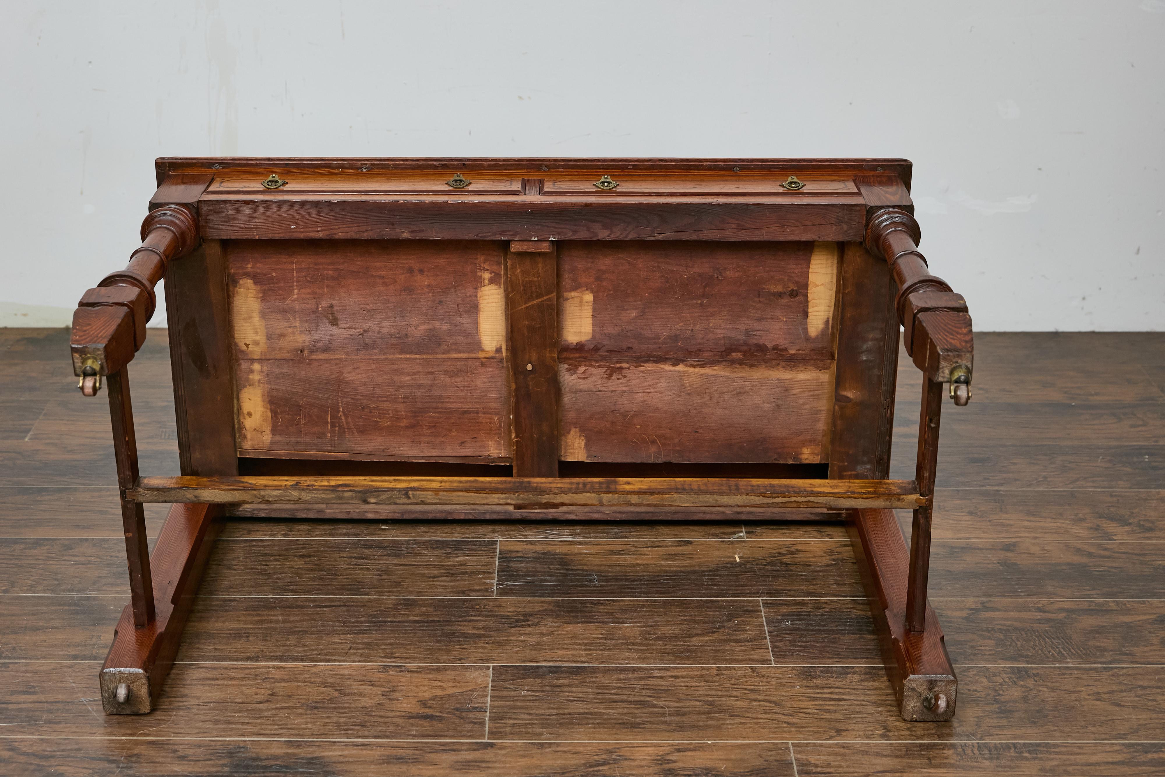 19th Century English Pine Desk with Tooled Leather Top and Brass Pulls 9
