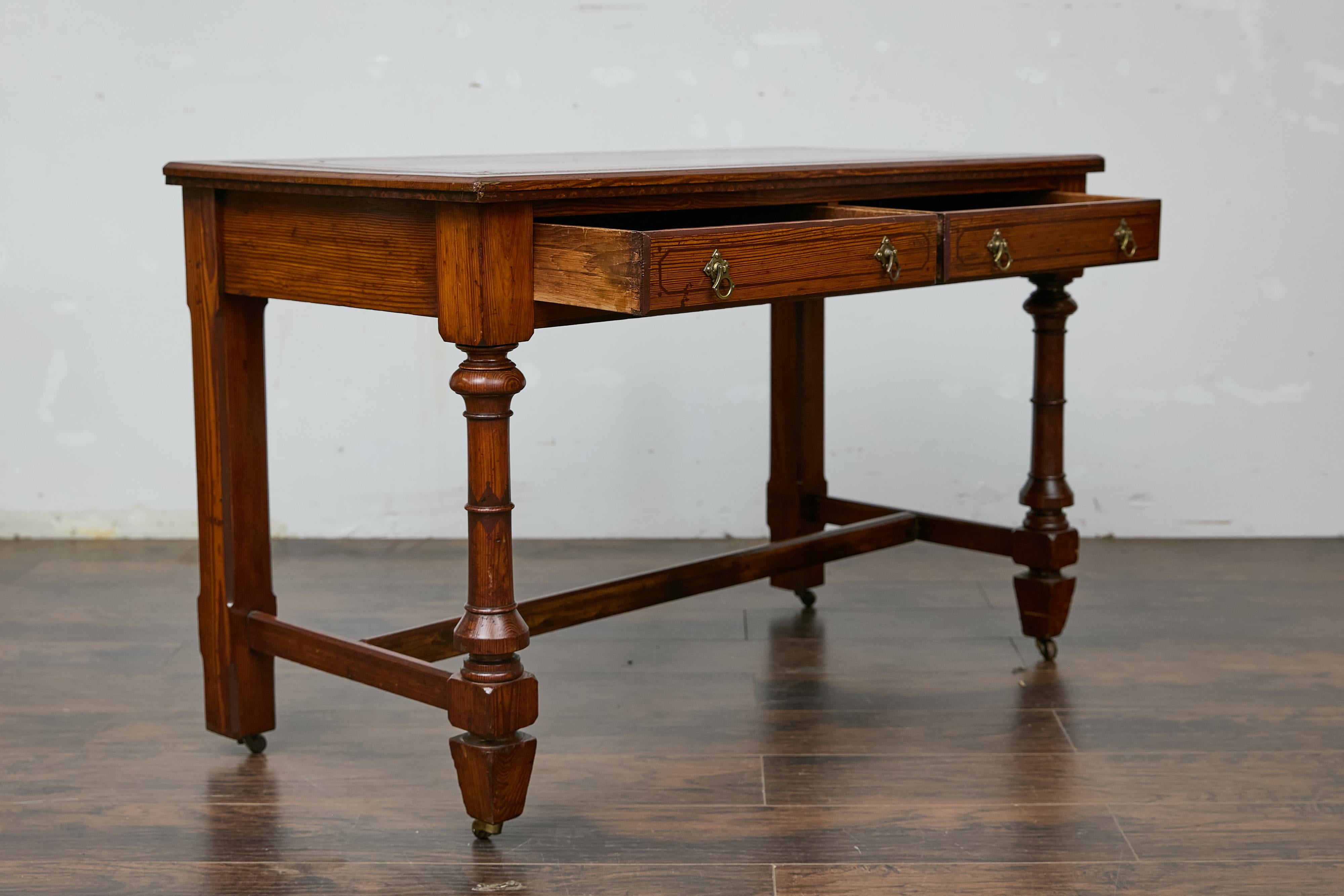19th Century English Pine Desk with Tooled Leather Top and Brass Pulls 11