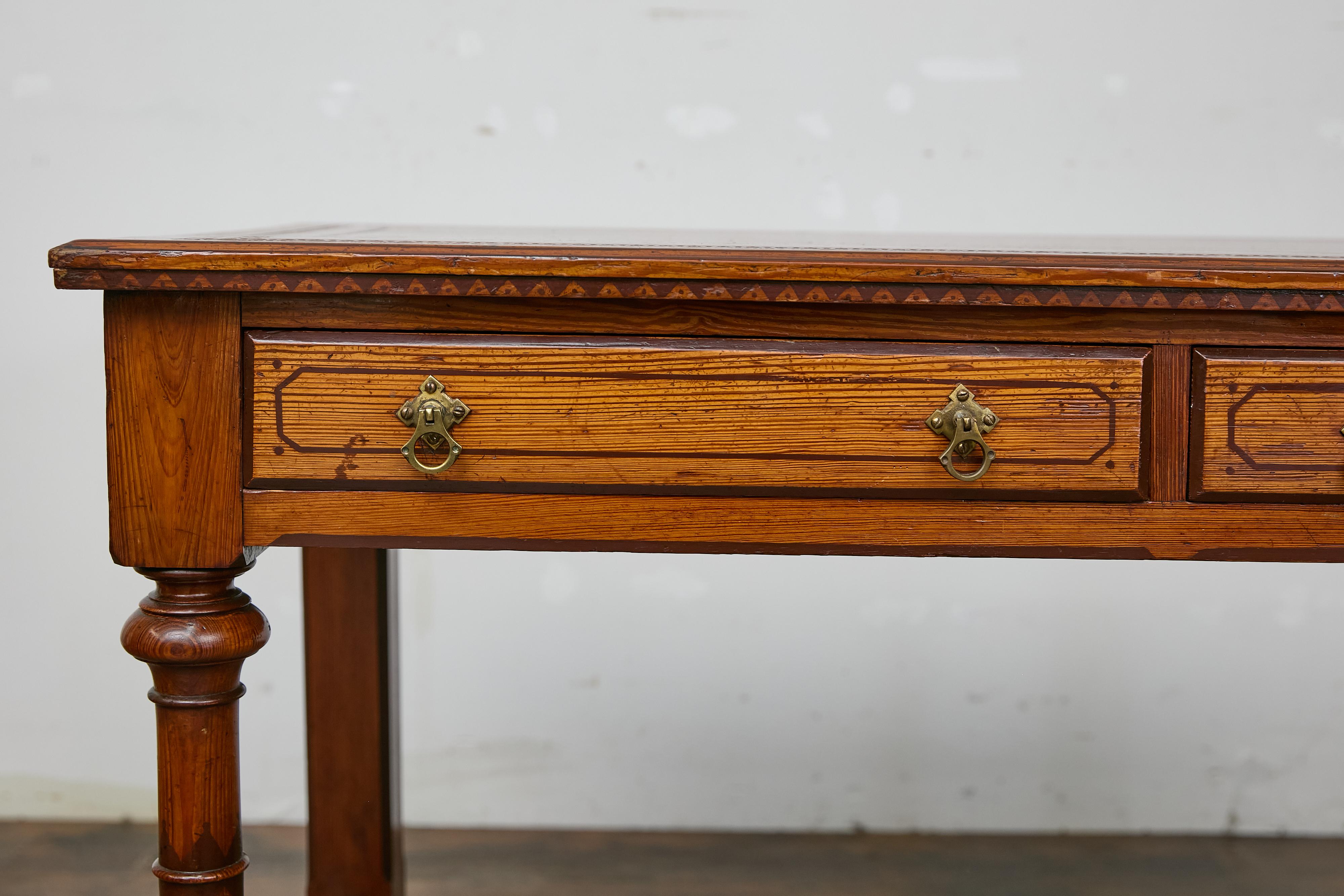 19th Century English Pine Desk with Tooled Leather Top and Brass Pulls 12
