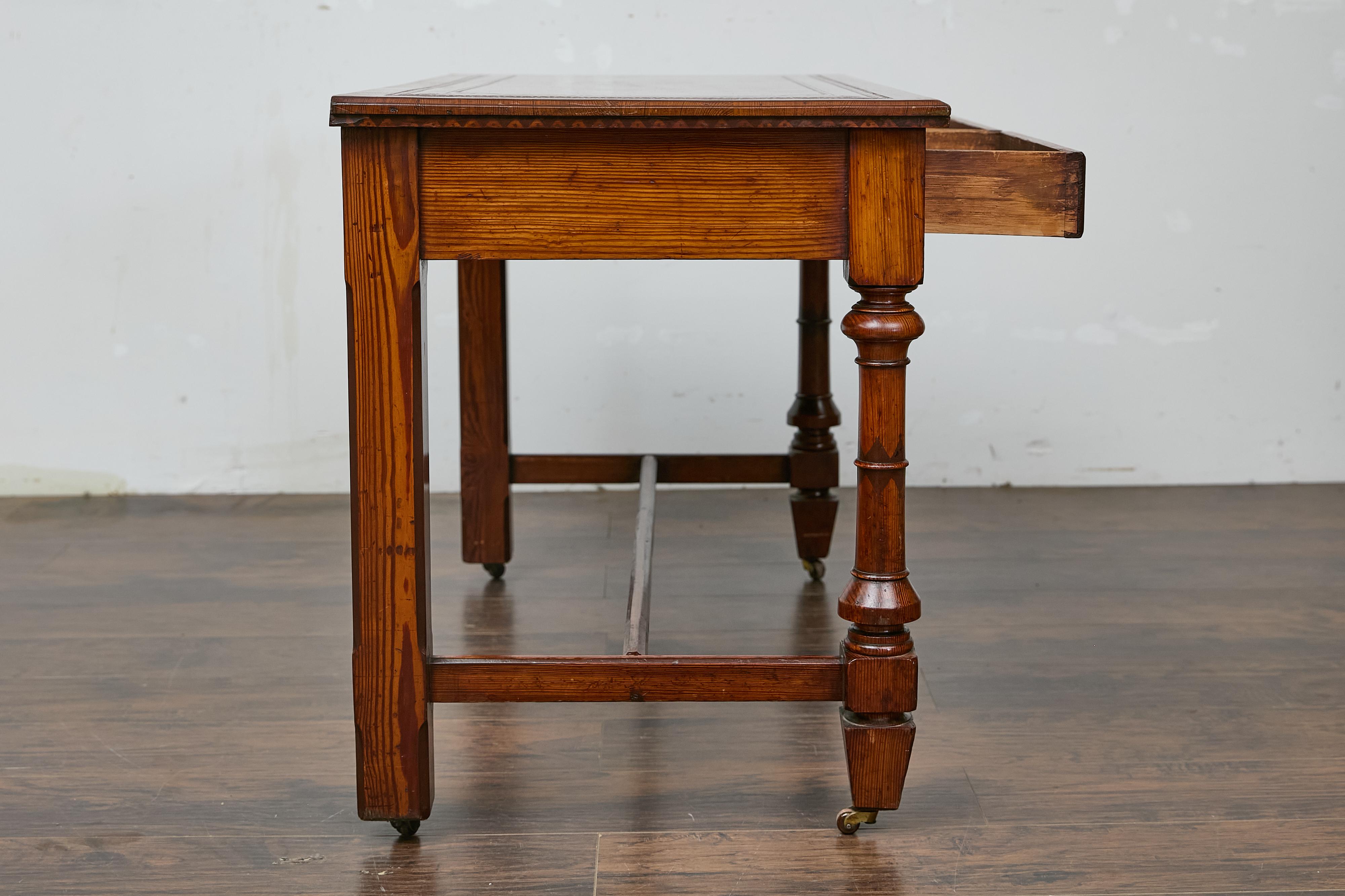 19th Century English Pine Desk with Tooled Leather Top and Brass Pulls 13
