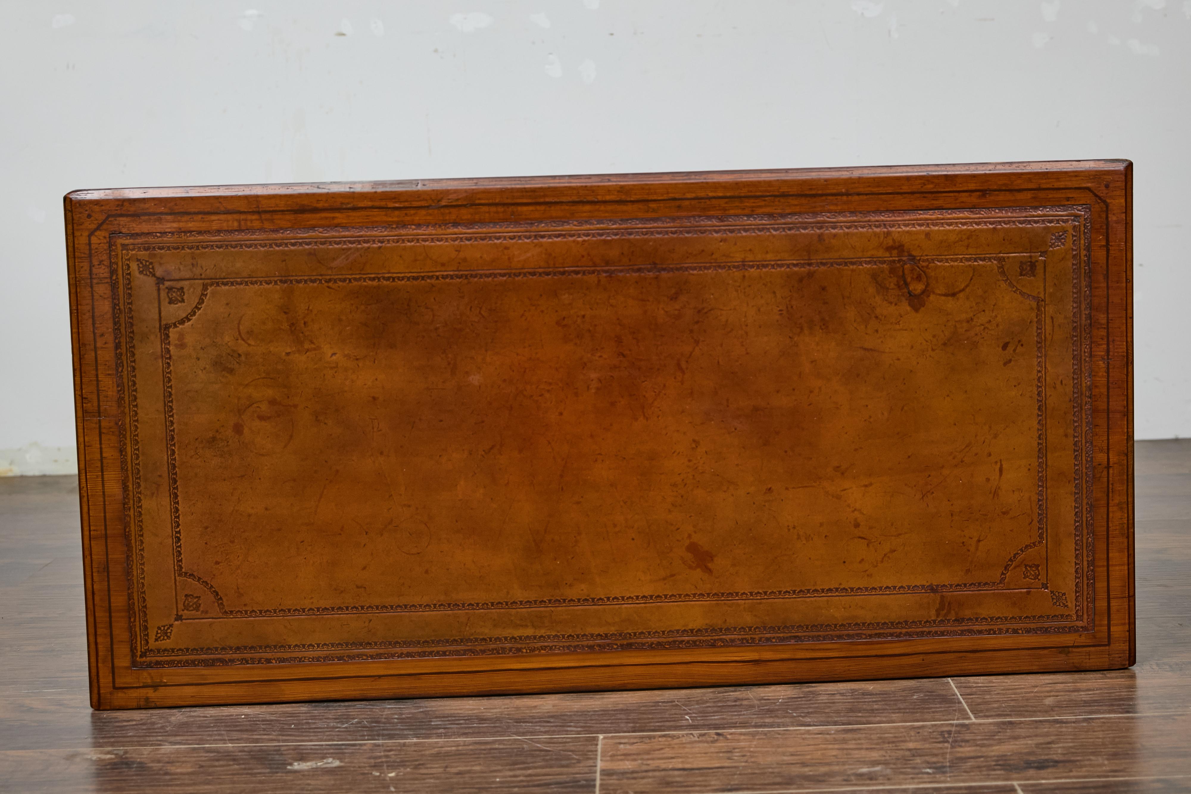 19th Century English Pine Desk with Tooled Leather Top and Brass Pulls 14