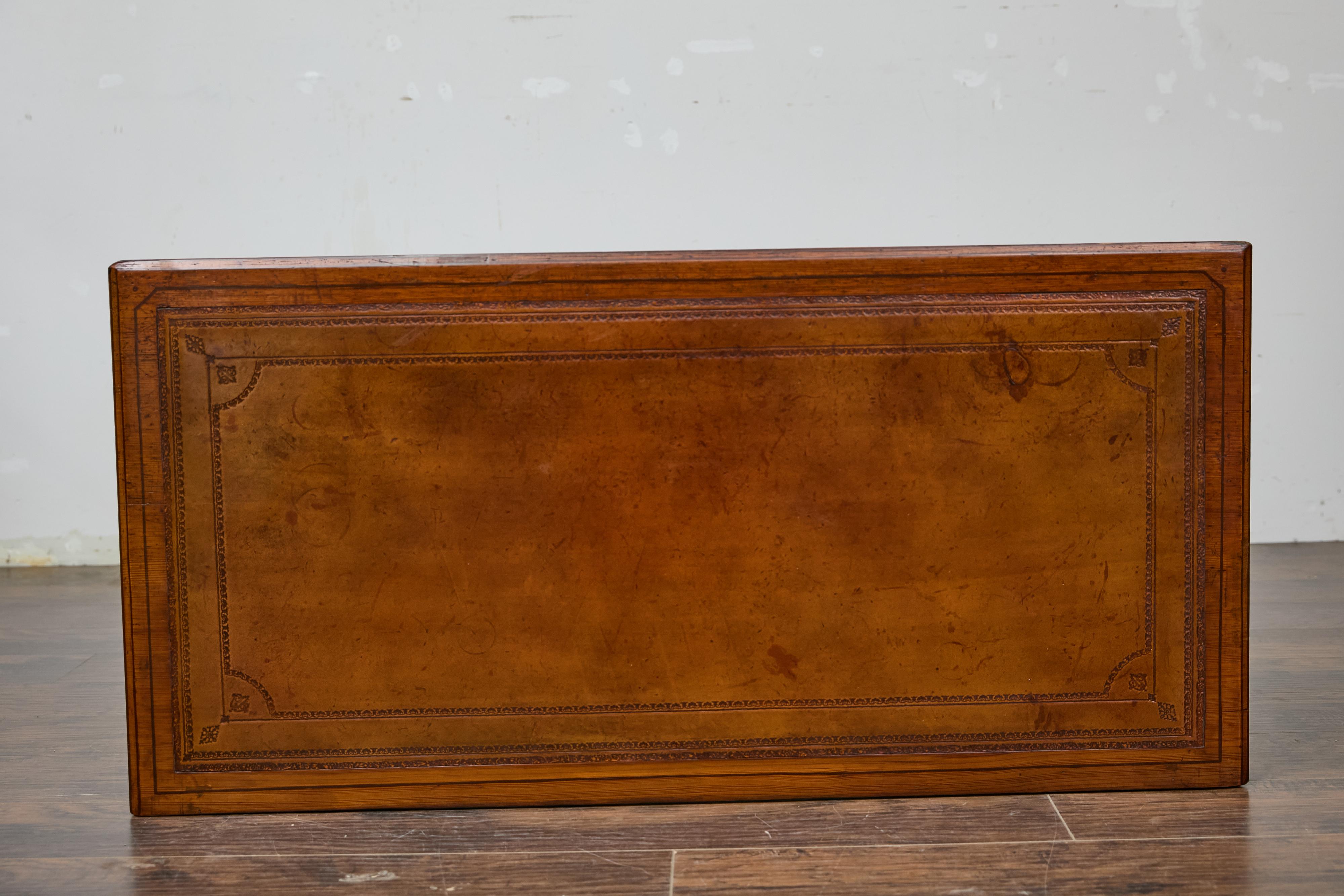 19th Century English Pine Desk with Tooled Leather Top and Brass Pulls 15