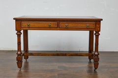 19th Century English Pine Desk with Tooled Leather Top and Brass Pulls