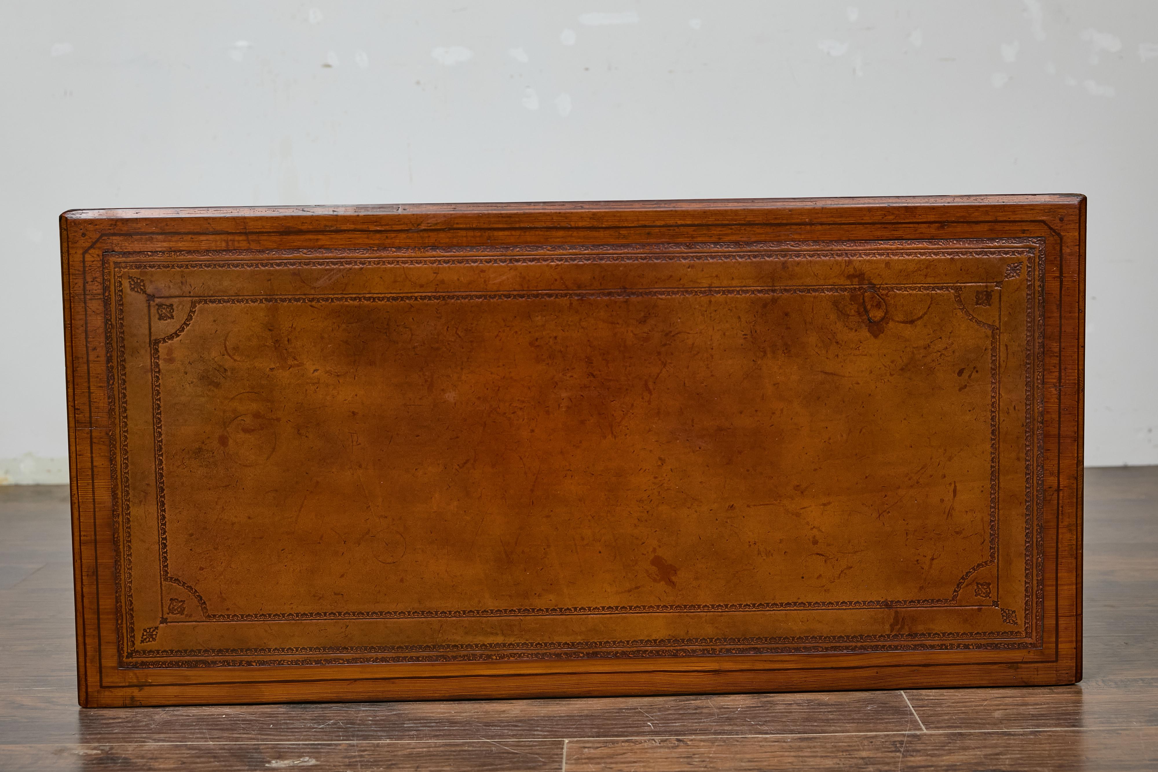 19th Century English Pine Desk with Tooled Leather Top and Brass Pulls 16