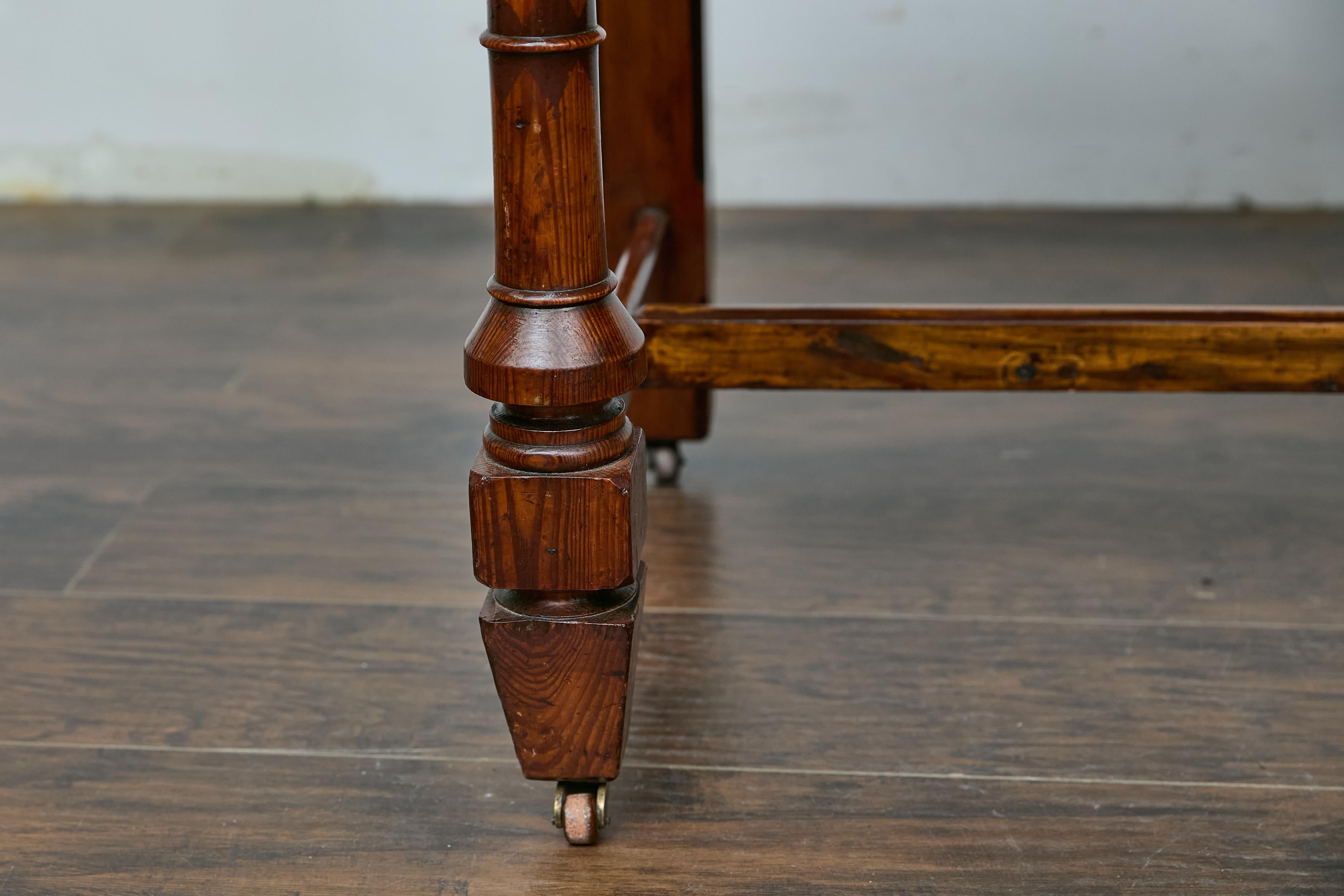 Carved 19th Century English Pine Desk with Tooled Leather Top and Brass Pulls