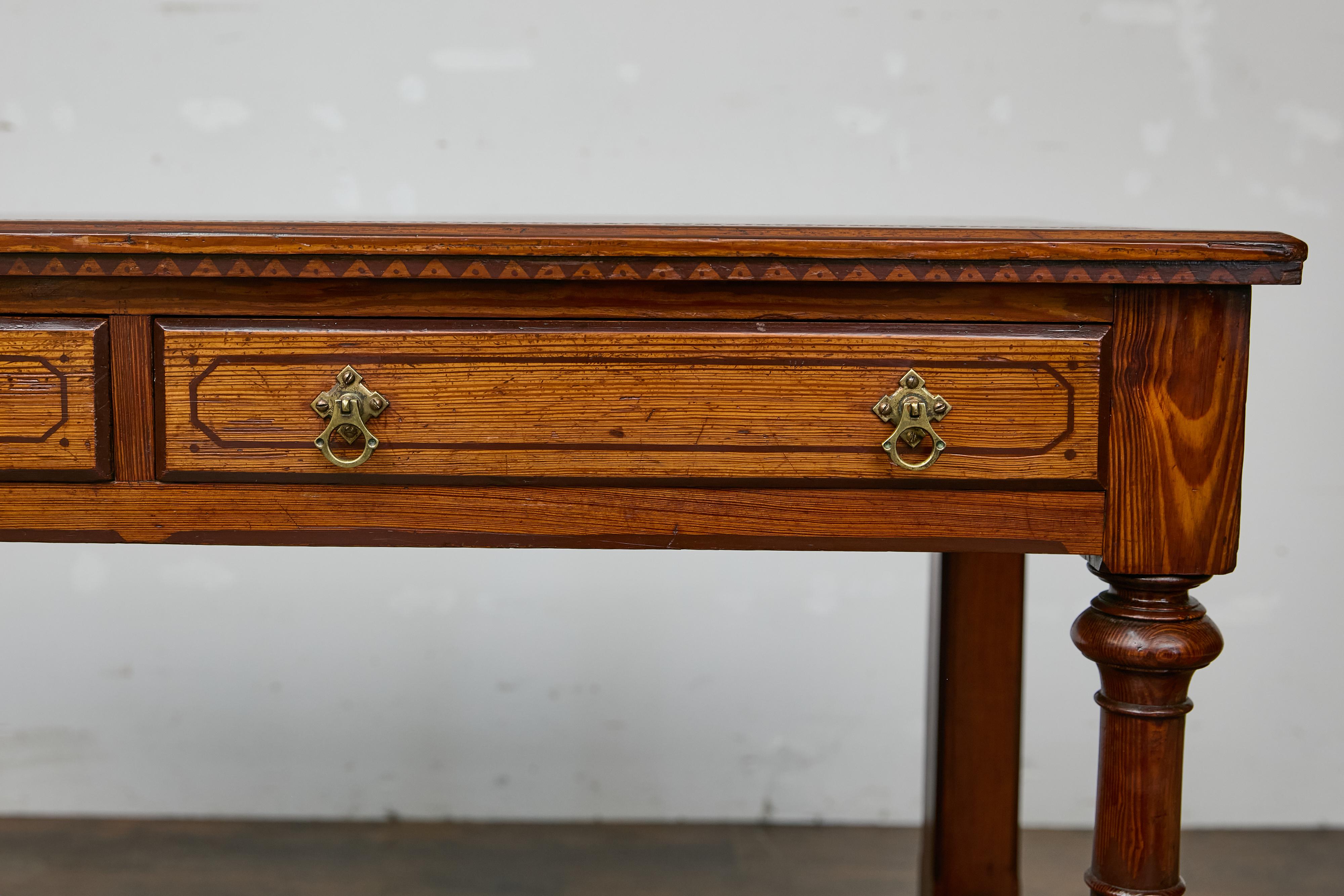 19th Century English Pine Desk with Tooled Leather Top and Brass Pulls In Good Condition In Atlanta, GA