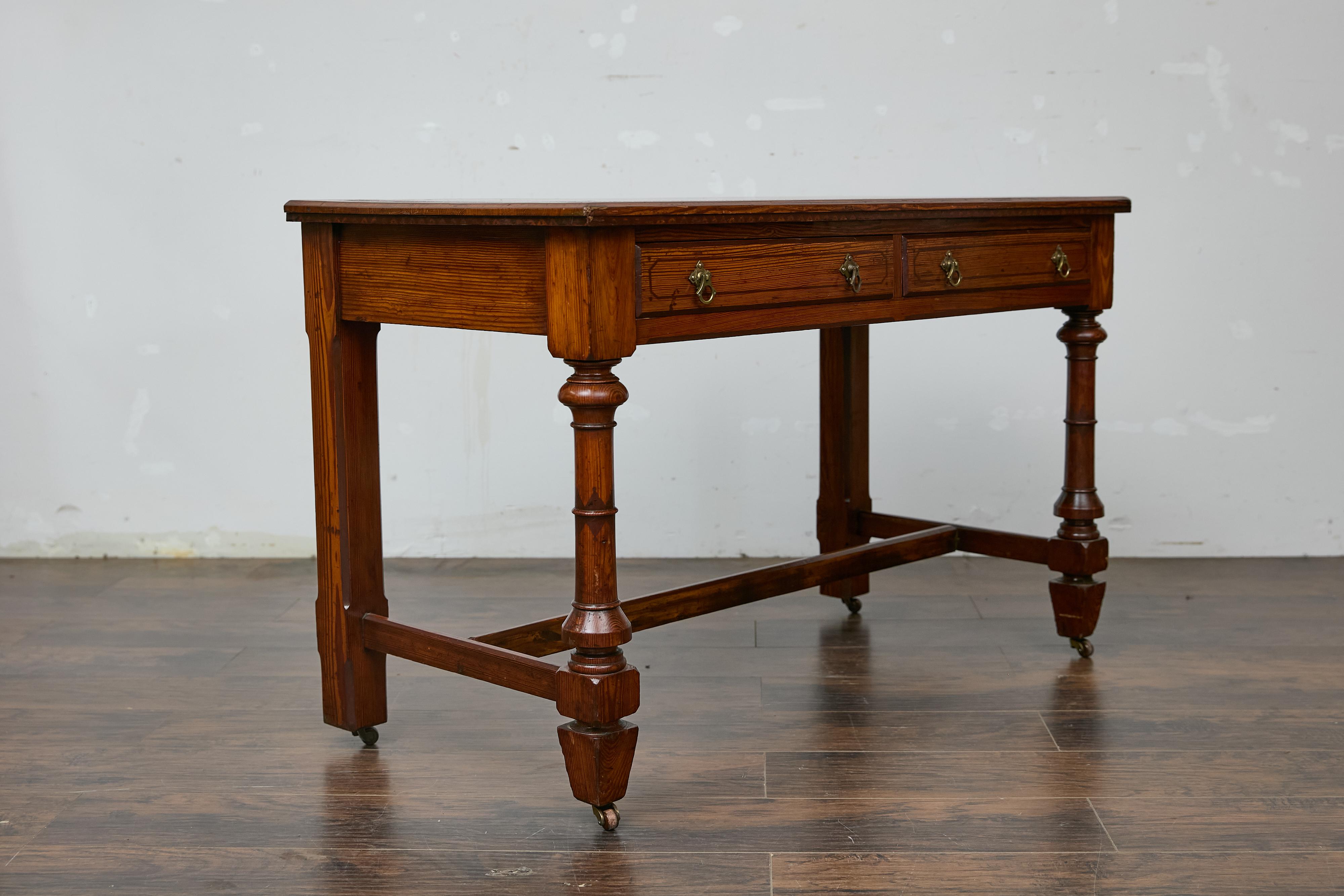 19th Century English Pine Desk with Tooled Leather Top and Brass Pulls 2