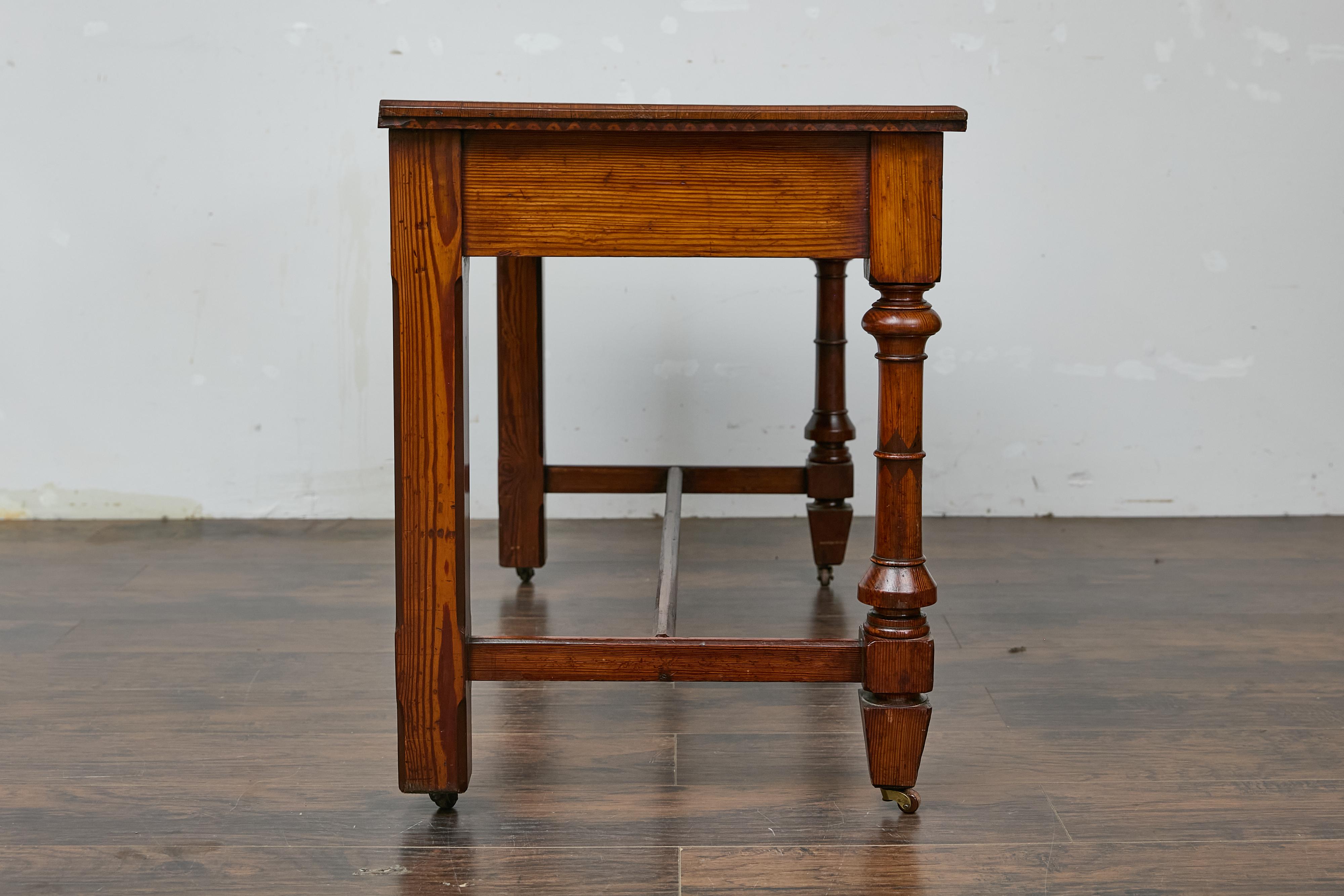 19th Century English Pine Desk with Tooled Leather Top and Brass Pulls 3