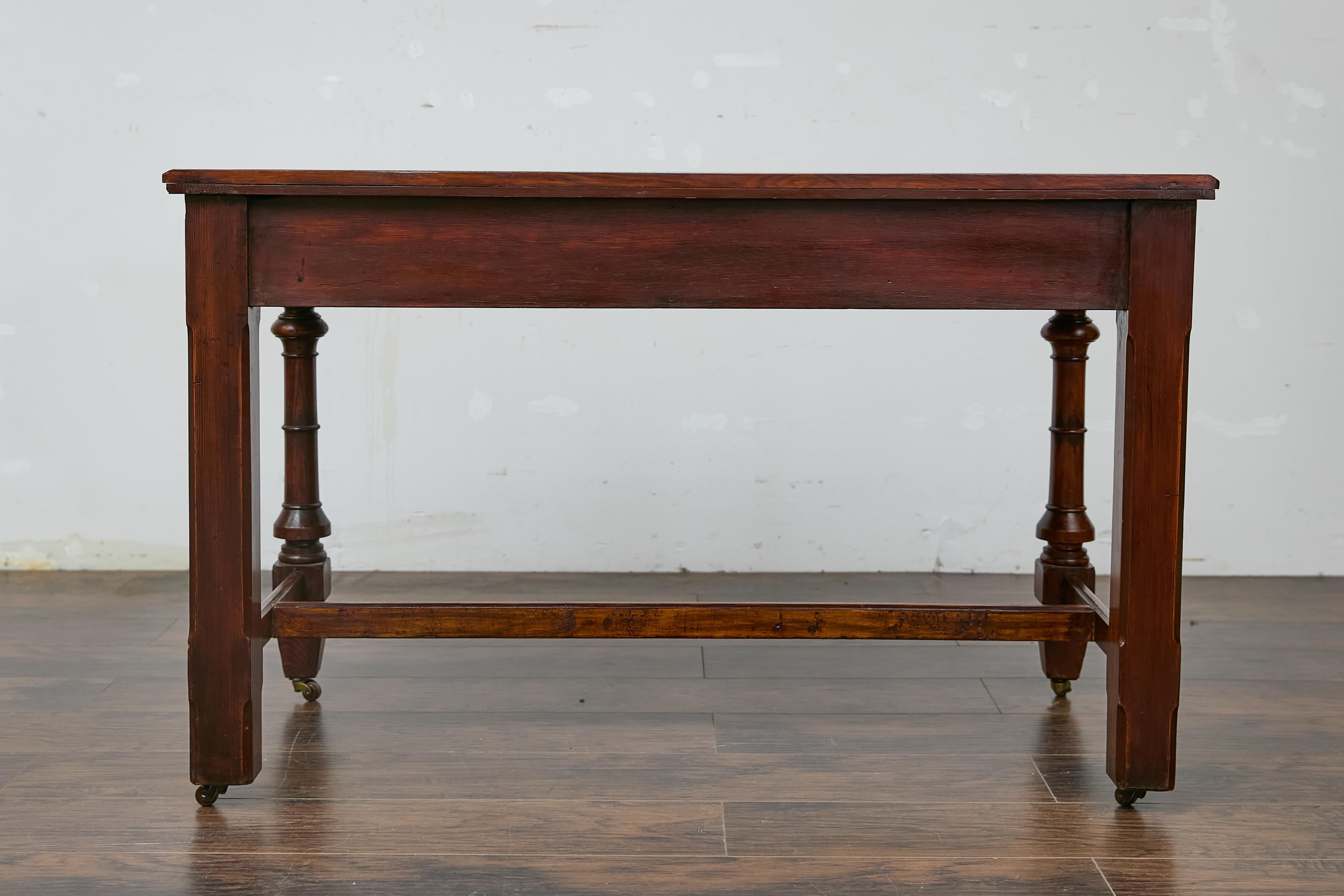 19th Century English Pine Desk with Tooled Leather Top and Brass Pulls 4