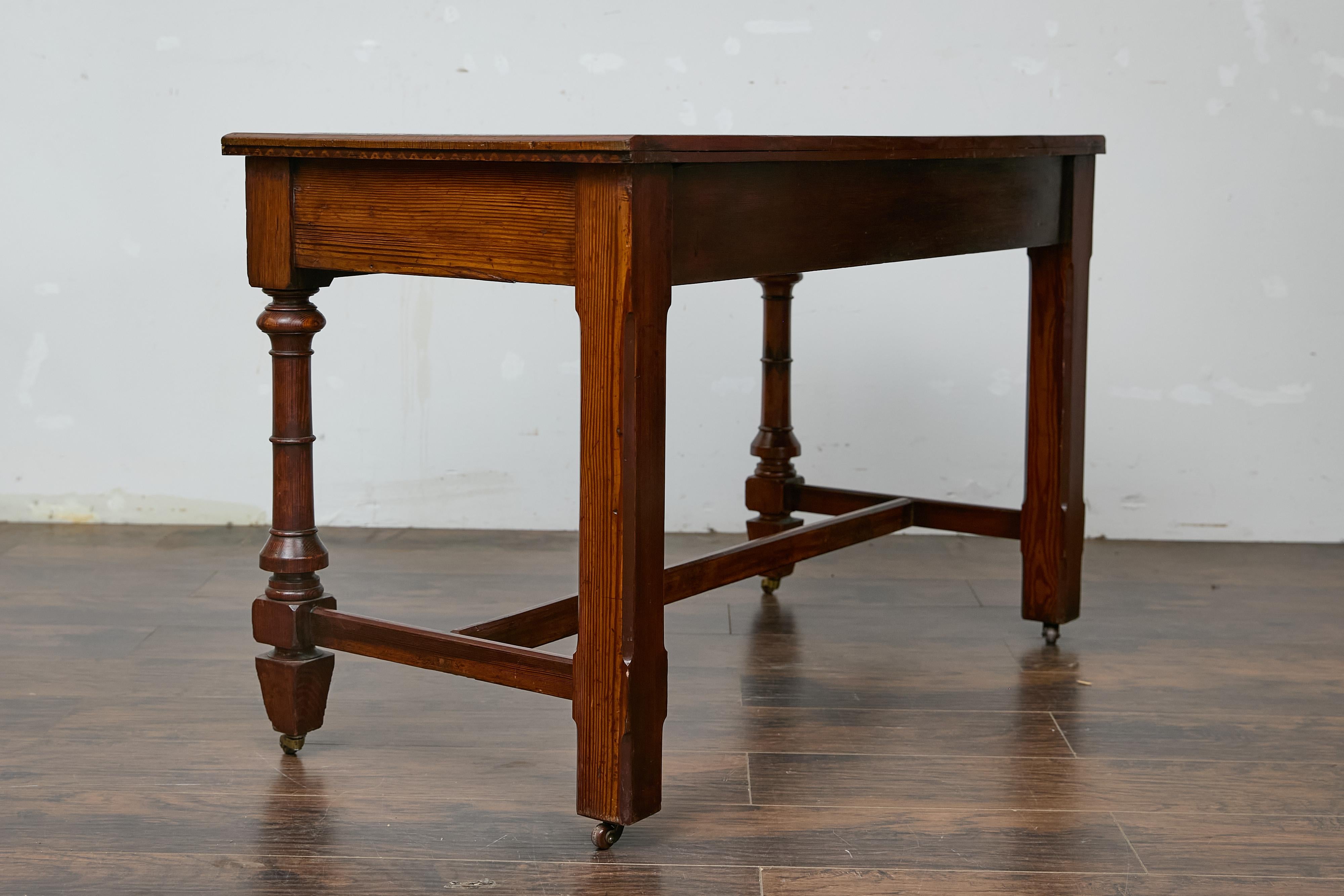 19th Century English Pine Desk with Tooled Leather Top and Brass Pulls 5