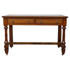 19th Century English Pine Desk with Tooled Leather Top and Brass Pulls