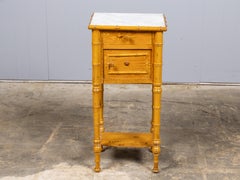19th Century English Pine Faux Bamboo Bedside Cabinet with Marble Top