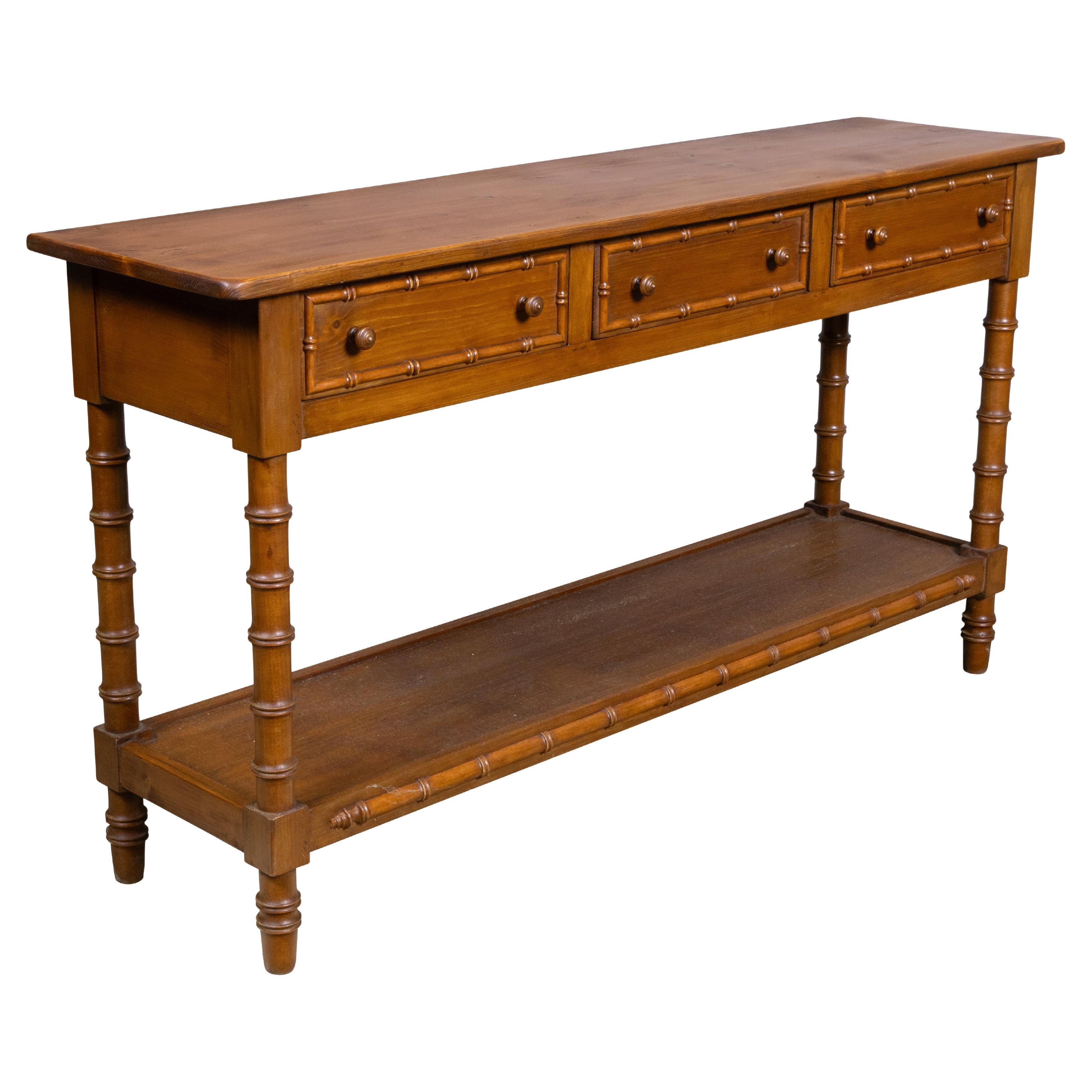 19th Century English Pine Faux Bamboo Server with Three Drawers For Sale