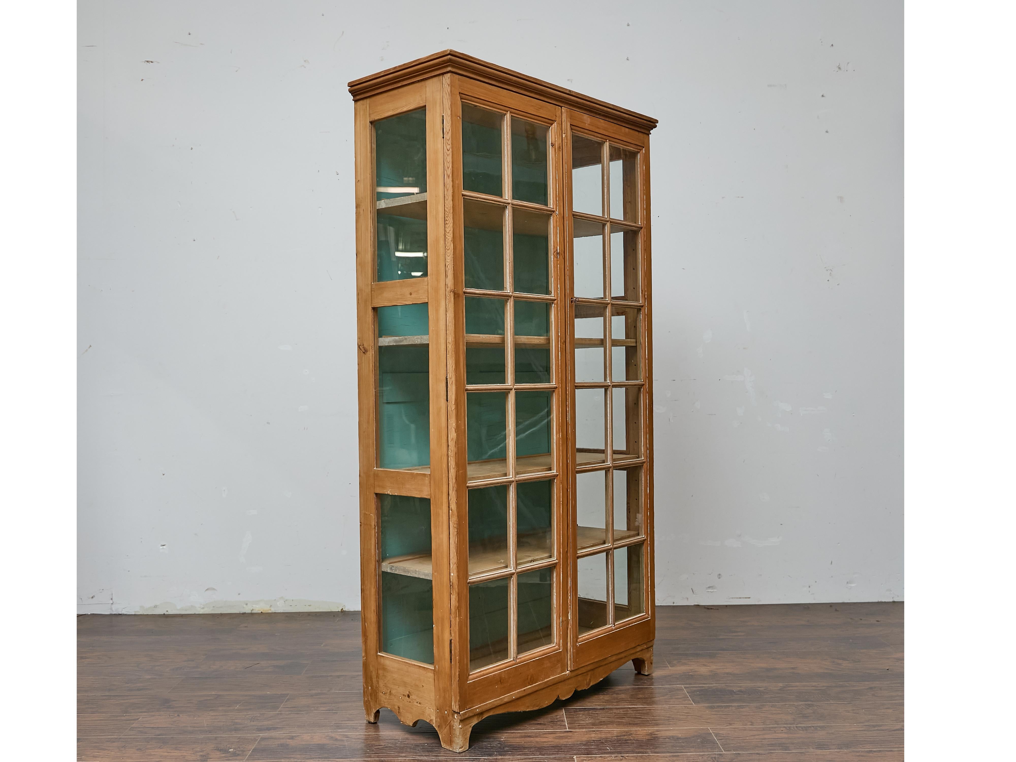 Rustic 19th Century English Pine Glass Door Cabinet with Painted Interior For Sale