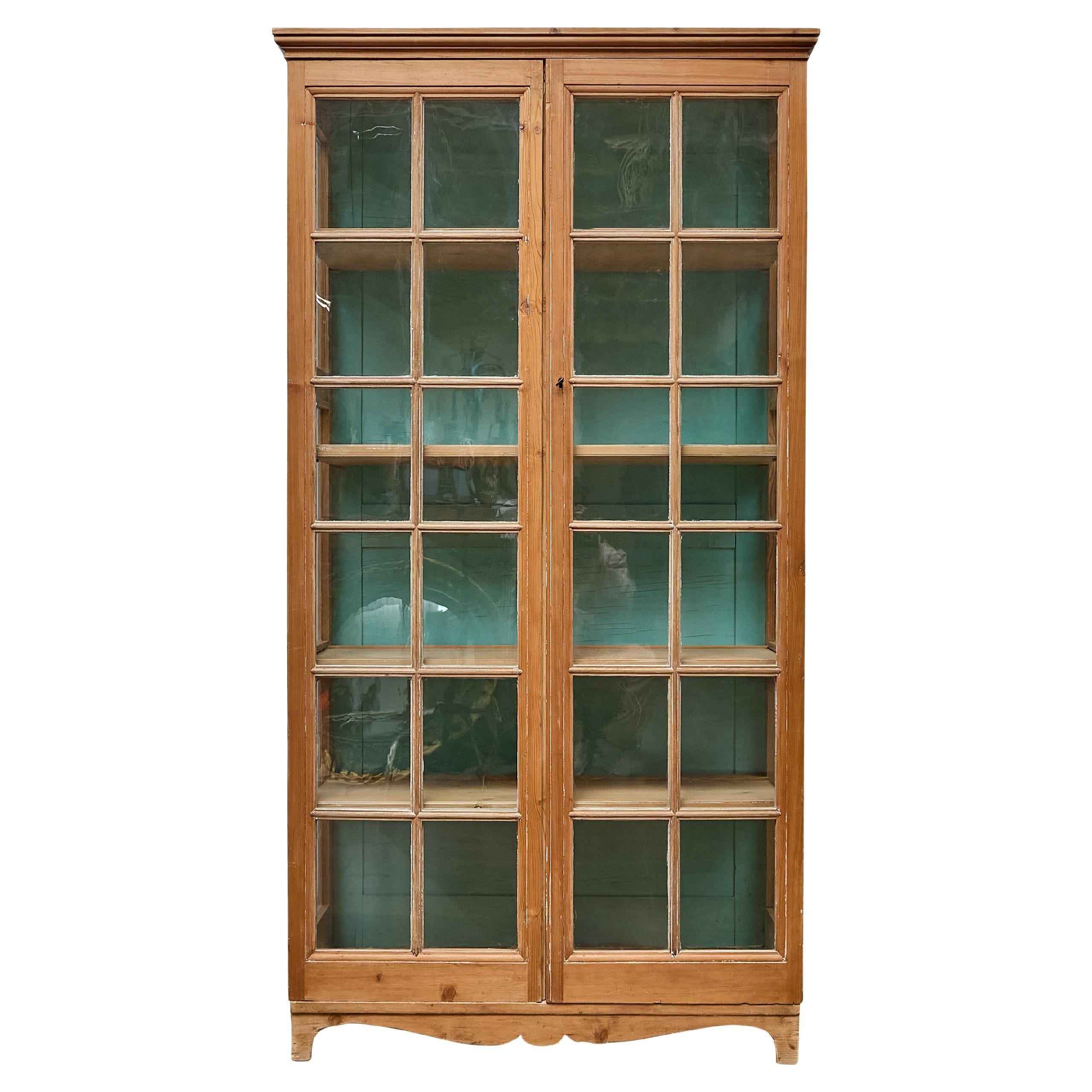 19th Century English Pine Glass Door Cabinet with Painted Interior