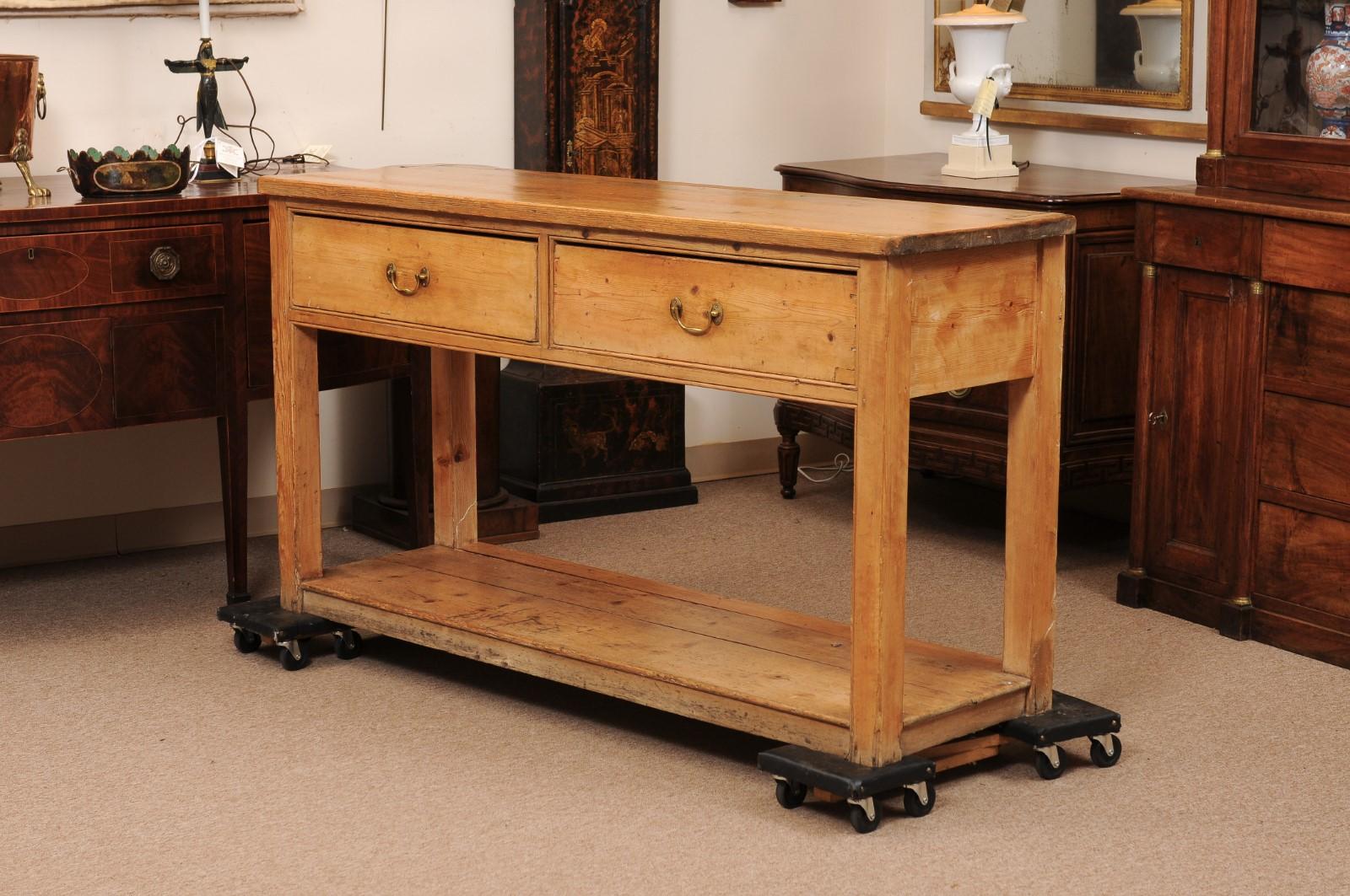 19th Century English Pine Server with 2 Drawers and Lower Plinth Base 9