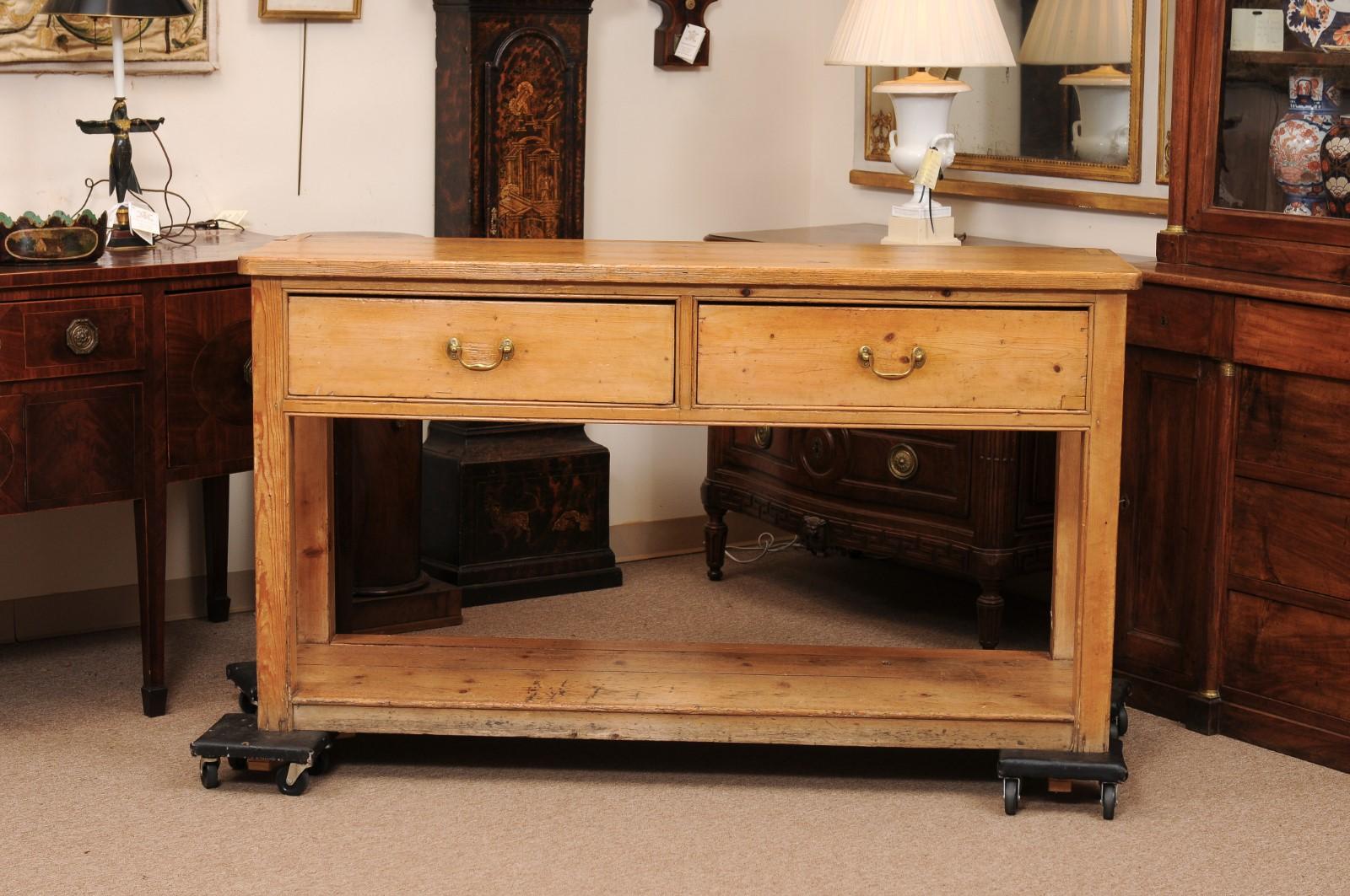 19th Century English Pine Server with 2 Drawers and Lower Plinth Base 10