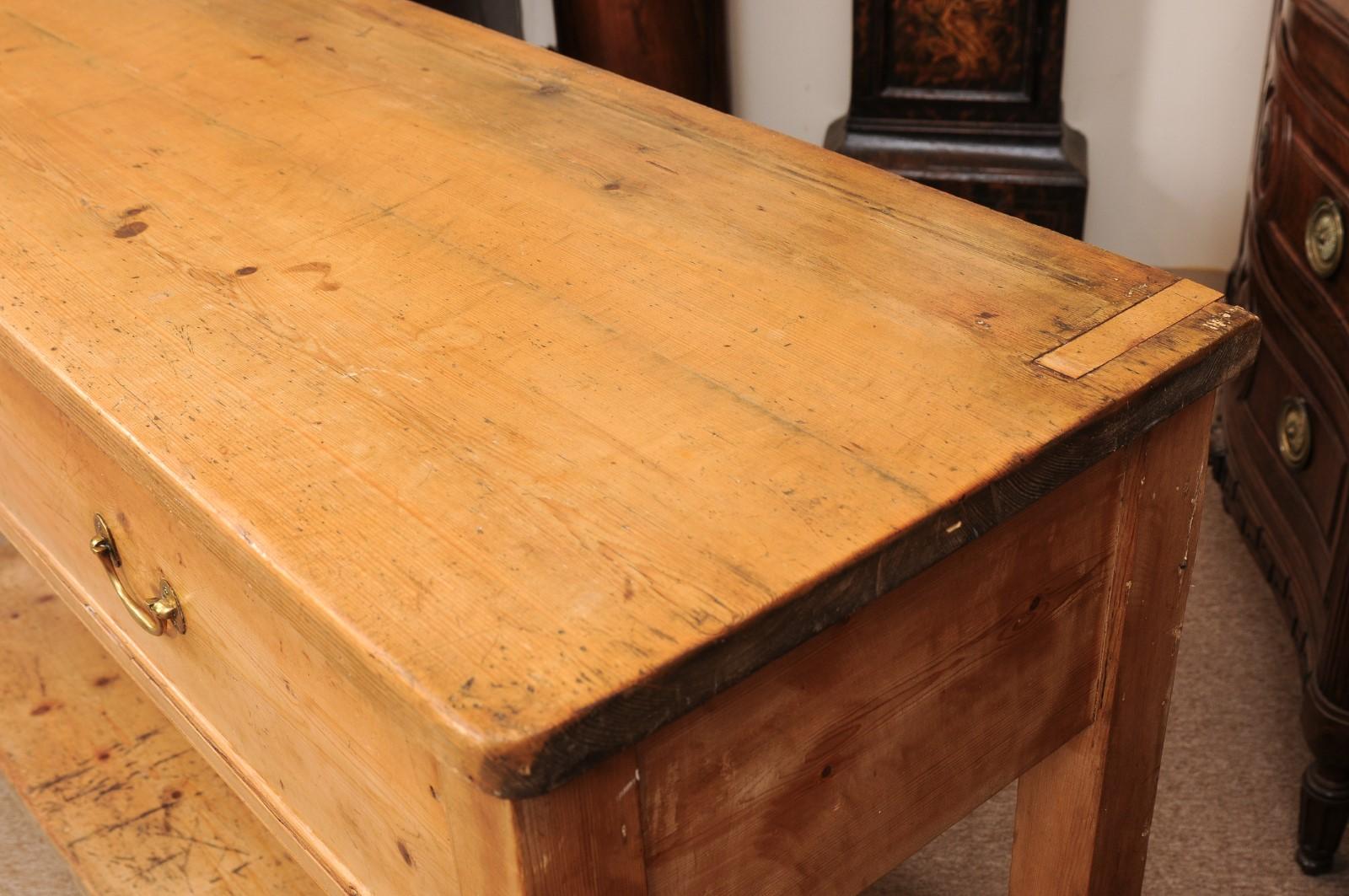 19th Century English Pine Server with 2 Drawers and Lower Plinth Base 12