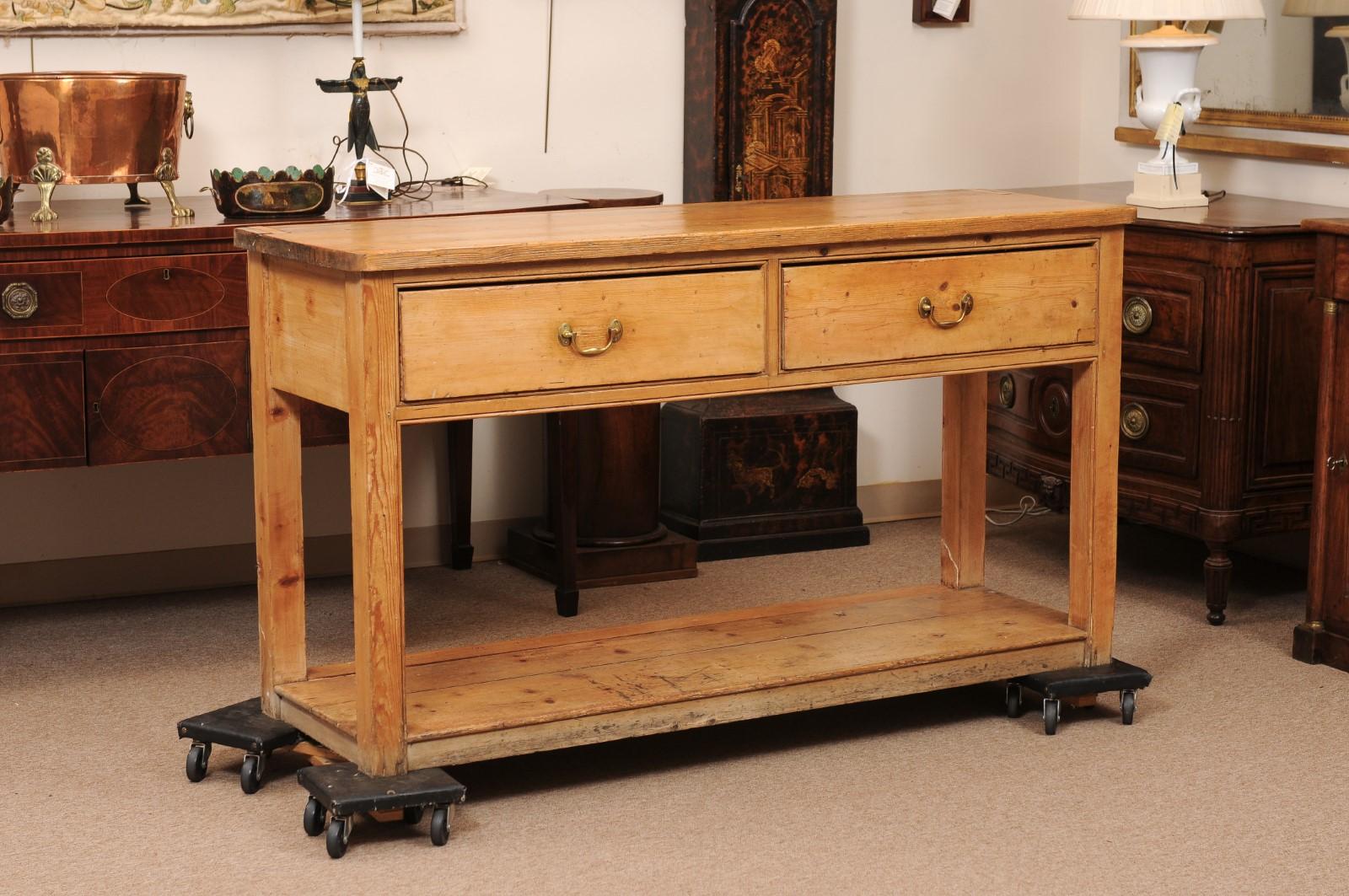 19th Century English Pine Server with 2 Drawers and Lower Plinth Base In Fair Condition In Atlanta, GA