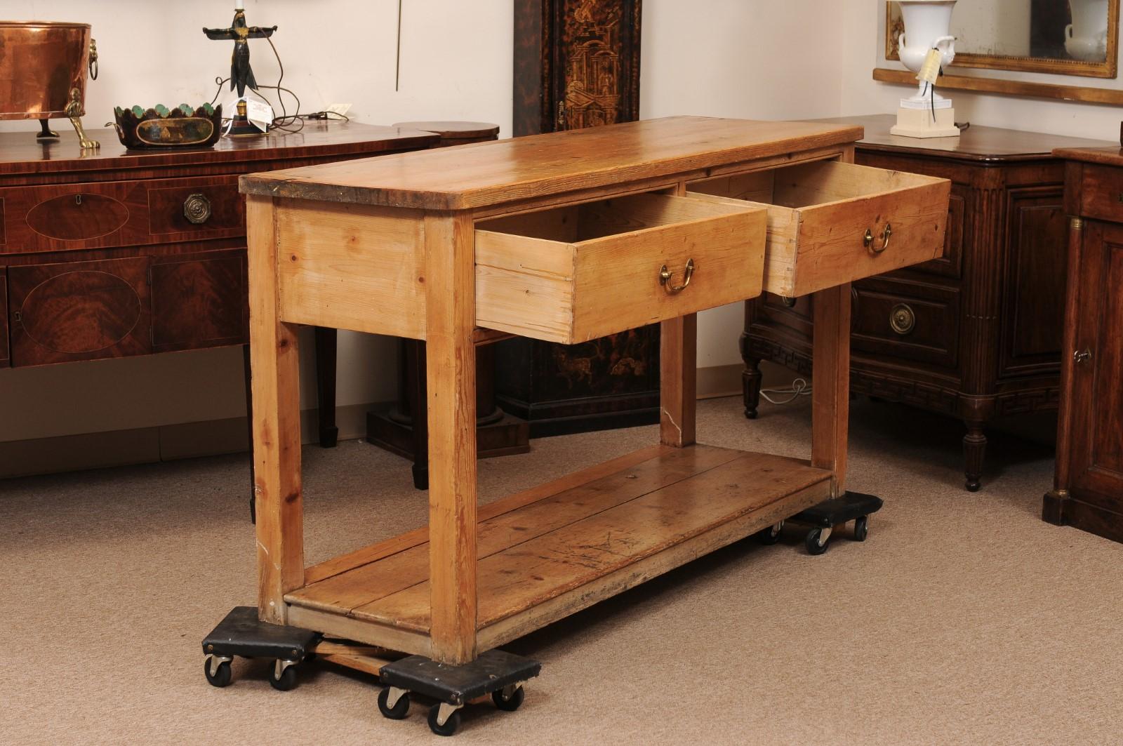 19th Century English Pine Server with 2 Drawers and Lower Plinth Base 1