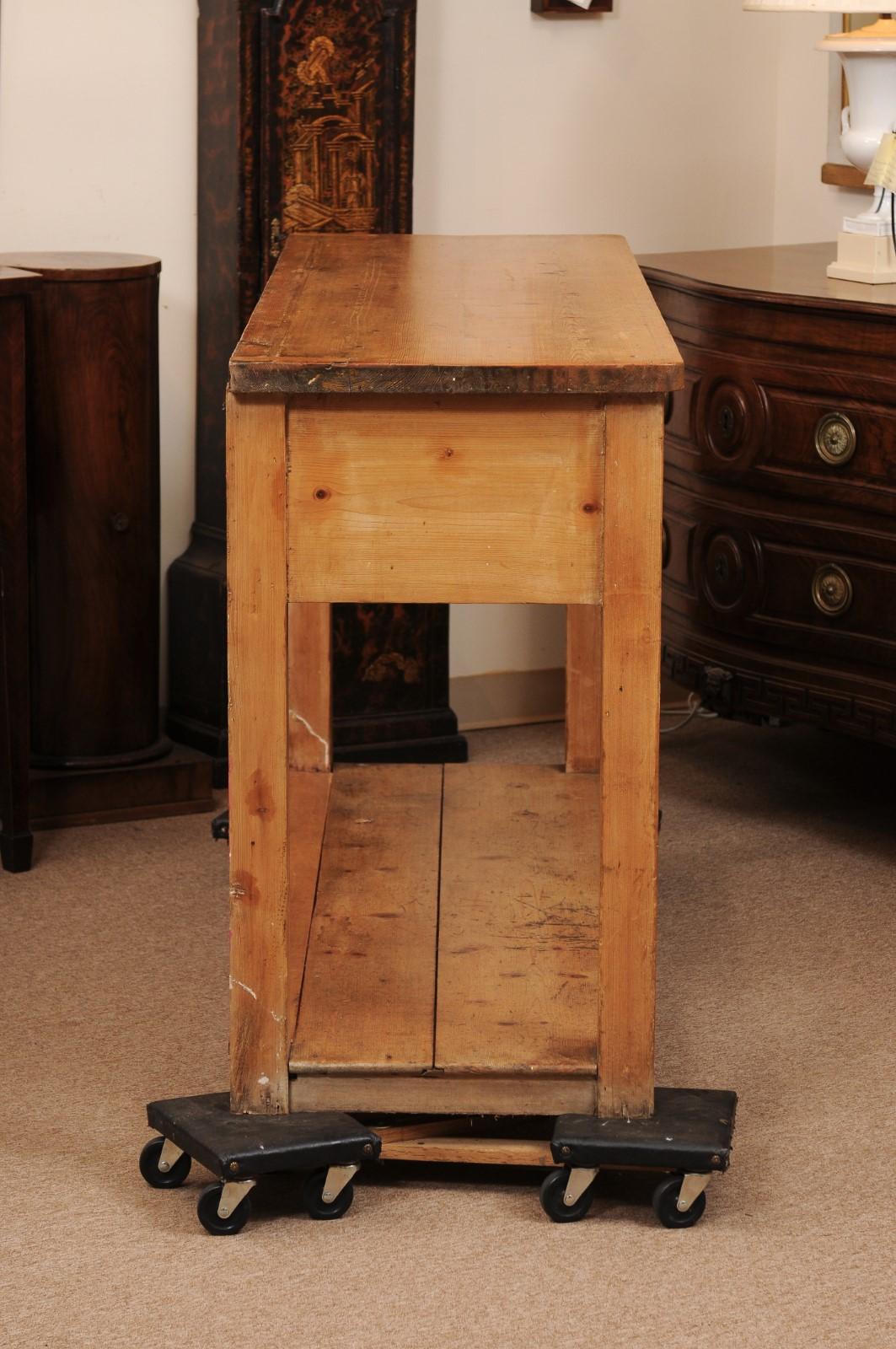 19th Century English Pine Server with 2 Drawers and Lower Plinth Base 4