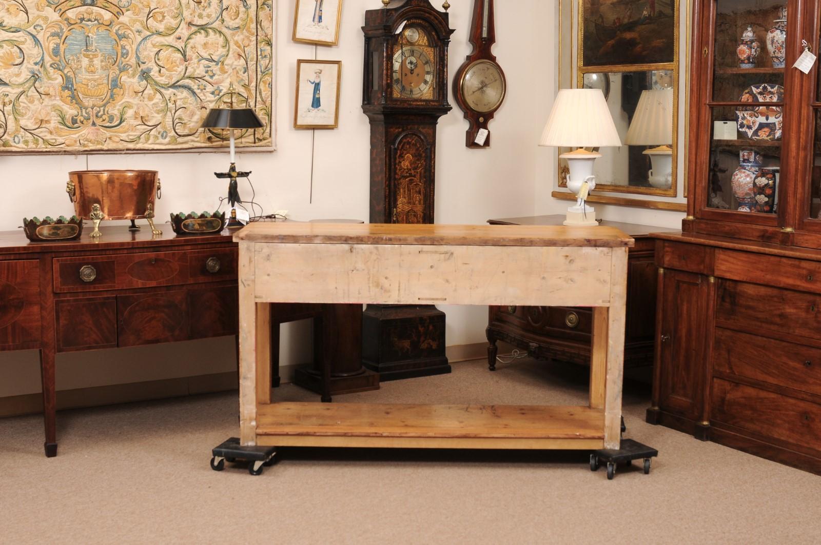 19th Century English Pine Server with 2 Drawers and Lower Plinth Base 6
