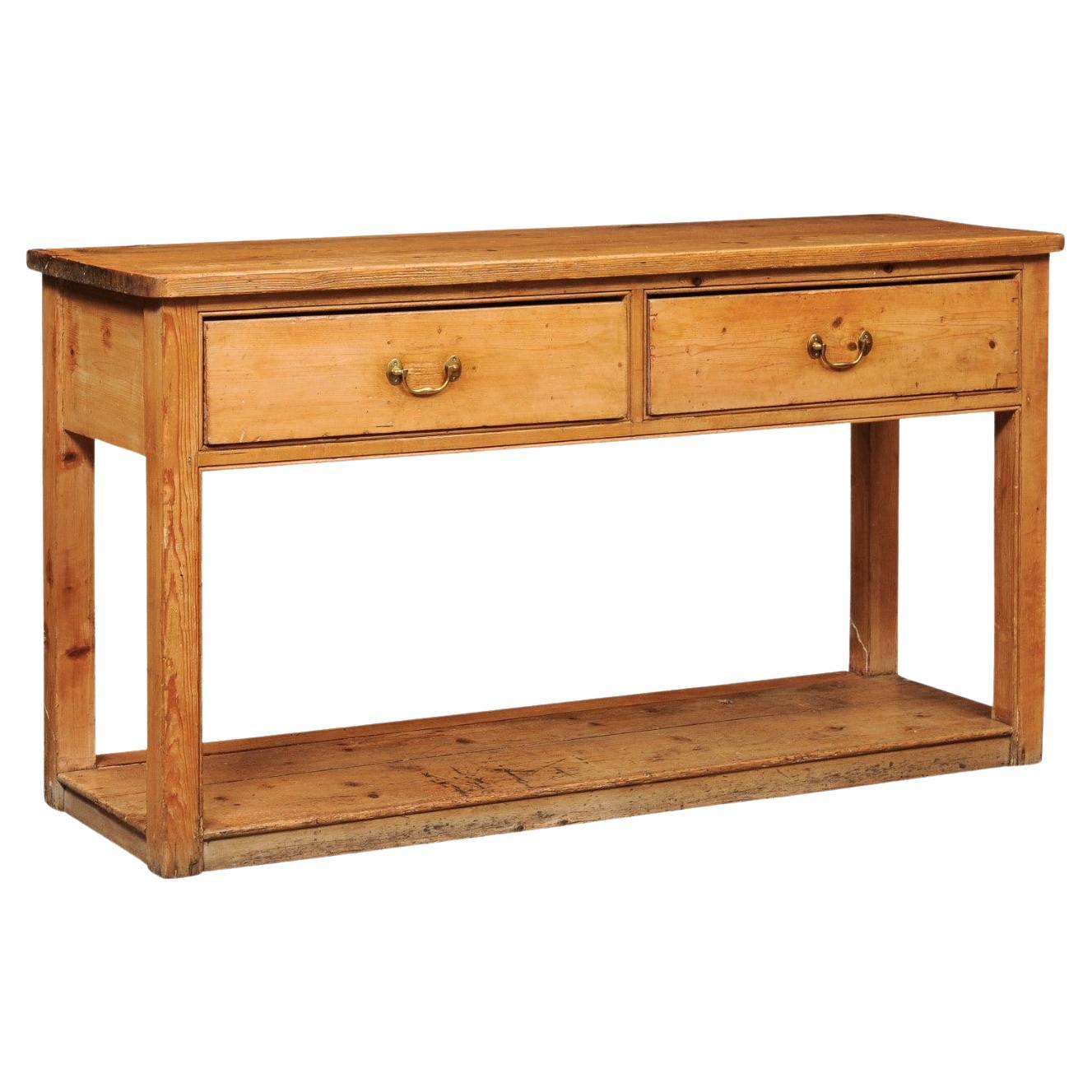 19th Century English Pine Server with 2 Drawers and Lower Plinth Base