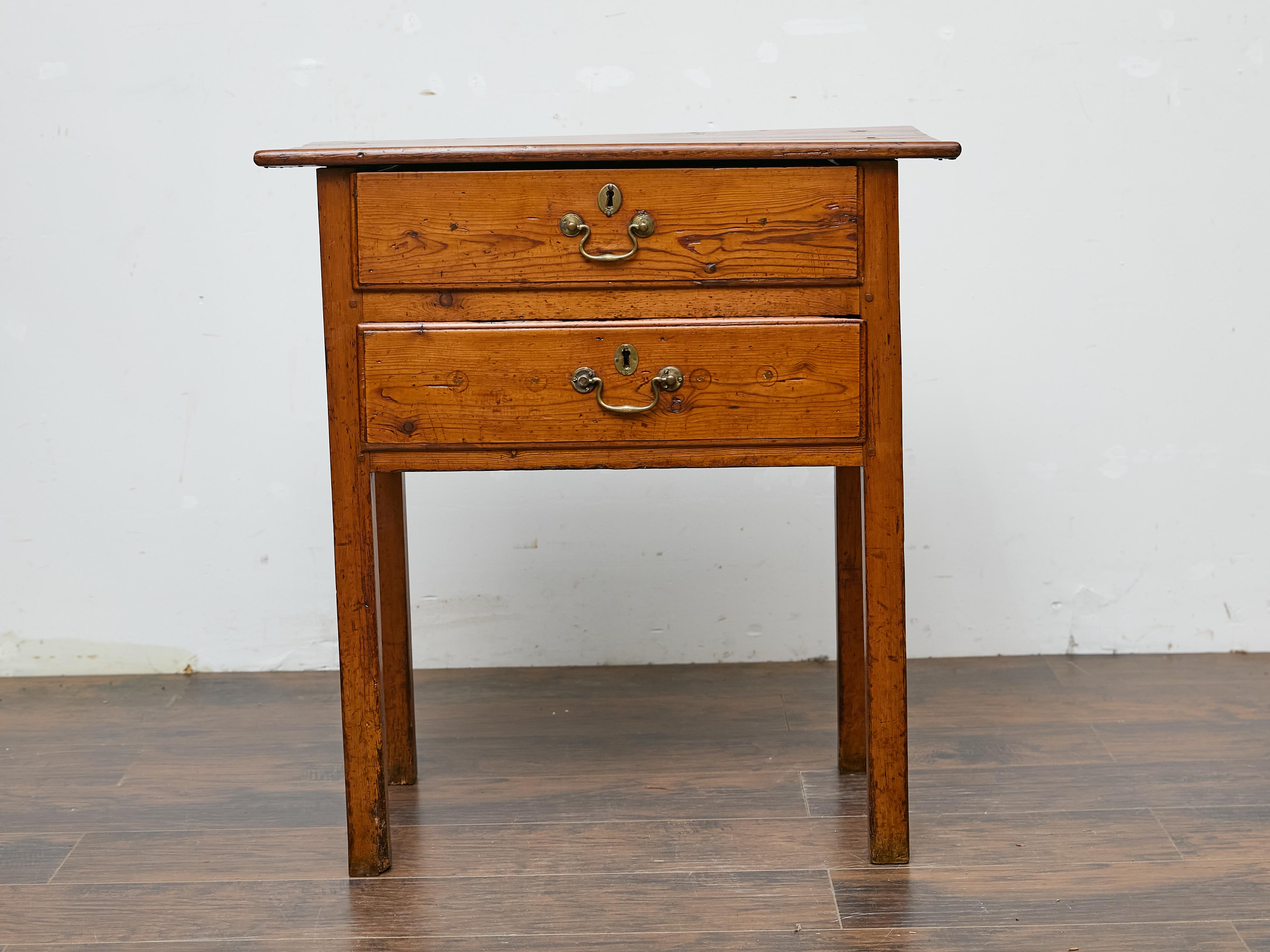 19th Century English Pine Side Table with Two Drawers and Patina For Sale 9