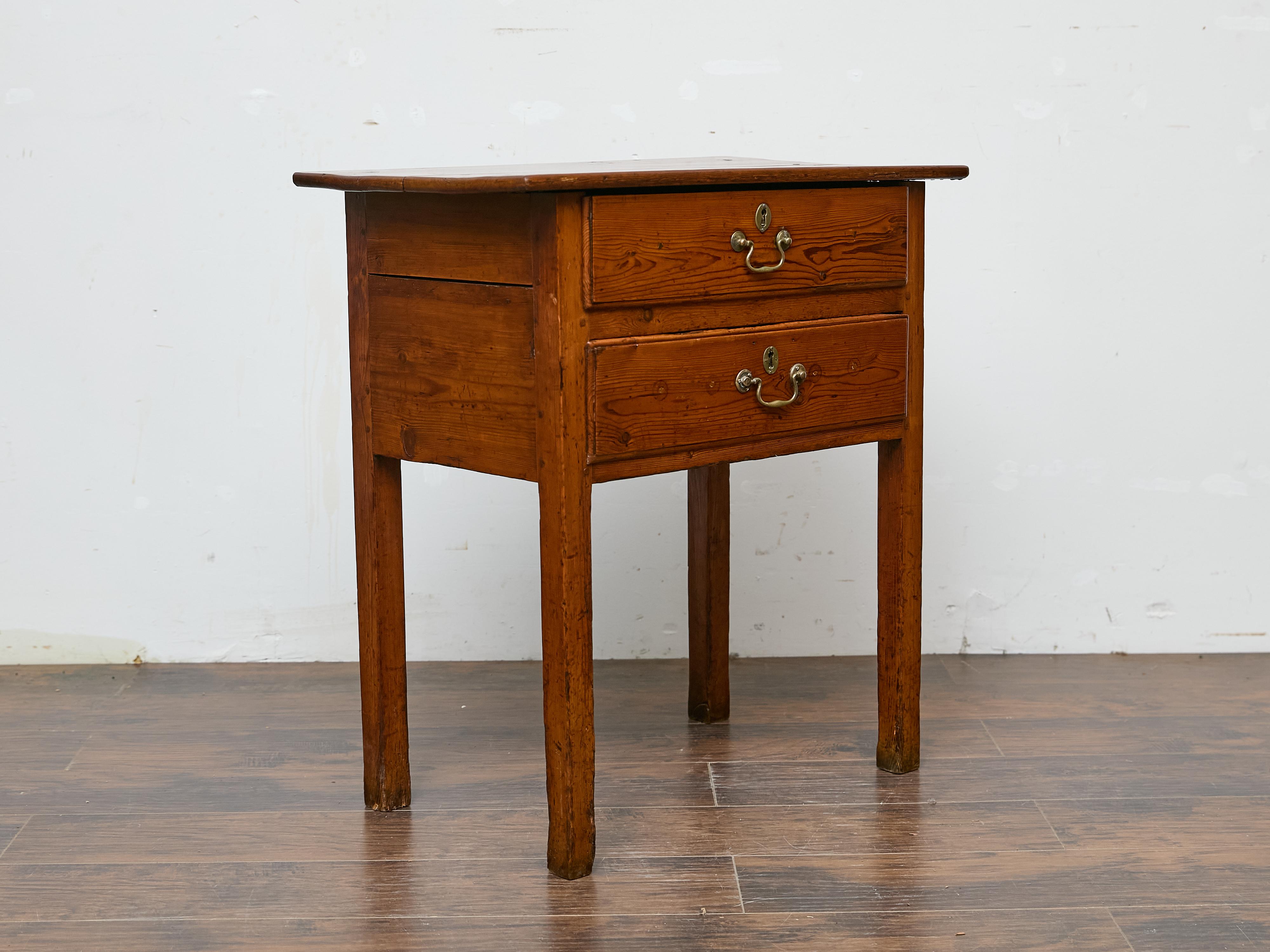 Rustic 19th Century English Pine Side Table with Two Drawers and Patina For Sale