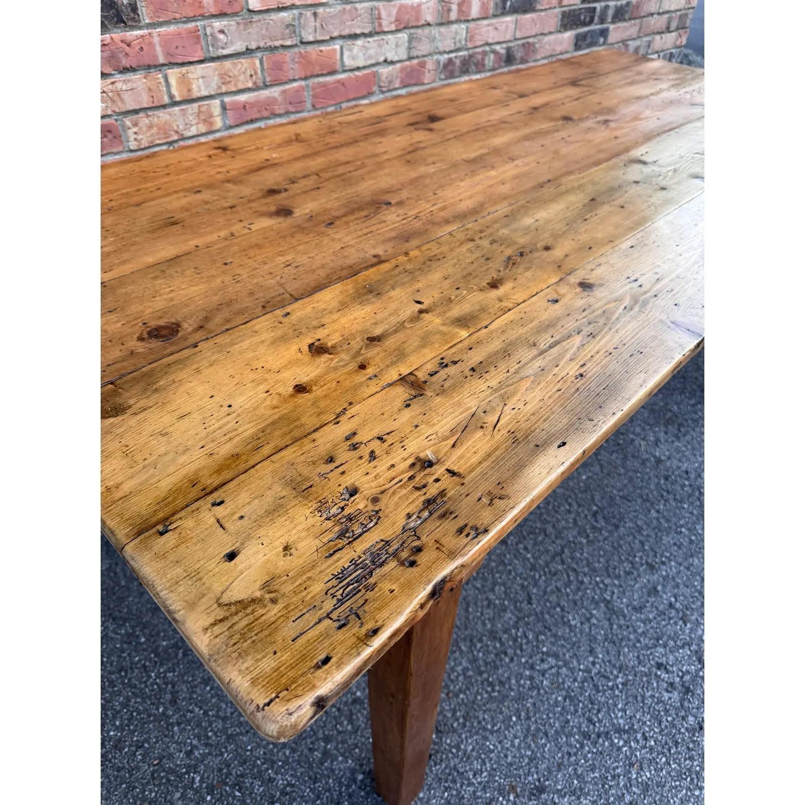 This 19th century English pine harvest tables is an excellent size 2 people can comfortably set on the sides, narrow enough for small spaces beautiful patina pine ages so well and the more abuse it takes the better it looks with 27 1/2 inches of