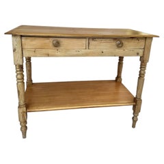 Antique English Pine Console Table with Turned Legs and Storage