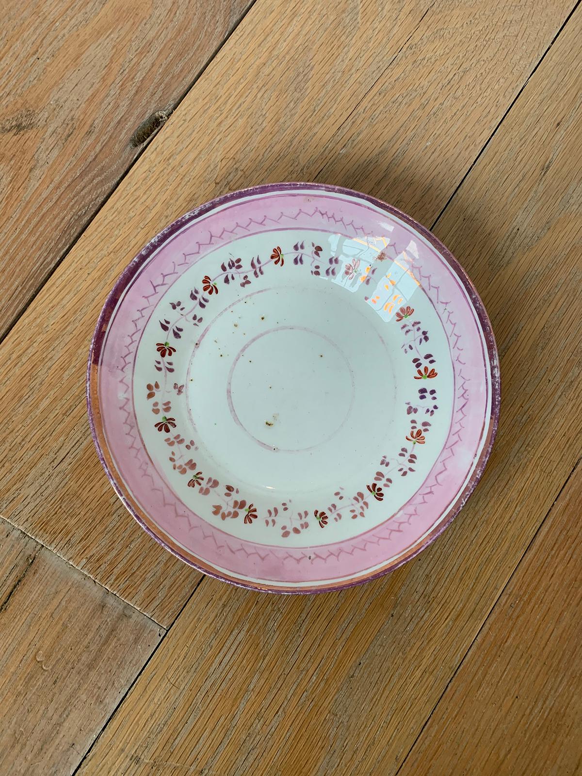 19th century circa 1830s English pink floral lusterware round porcelain plate, unmarked.