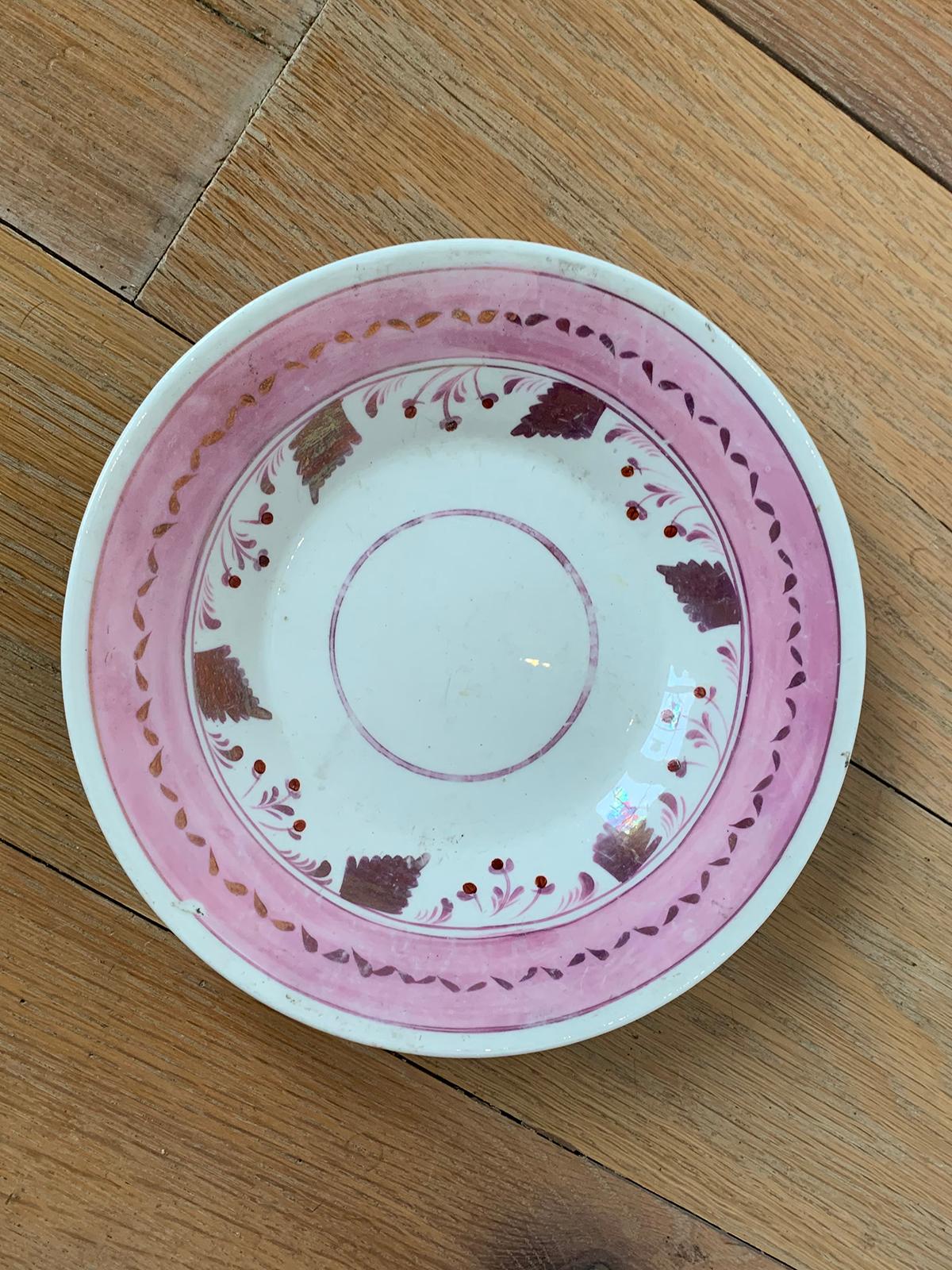 19th century circa 1830s English pink floral lusterware round porcelain plate, unmarked.