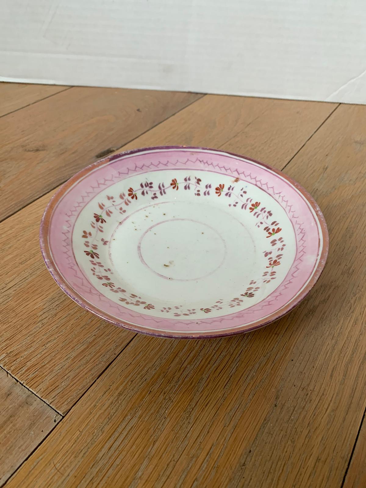 19th Century English Pink Floral Lusterware Round Porcelain Plate, Unmarked In Good Condition For Sale In Atlanta, GA
